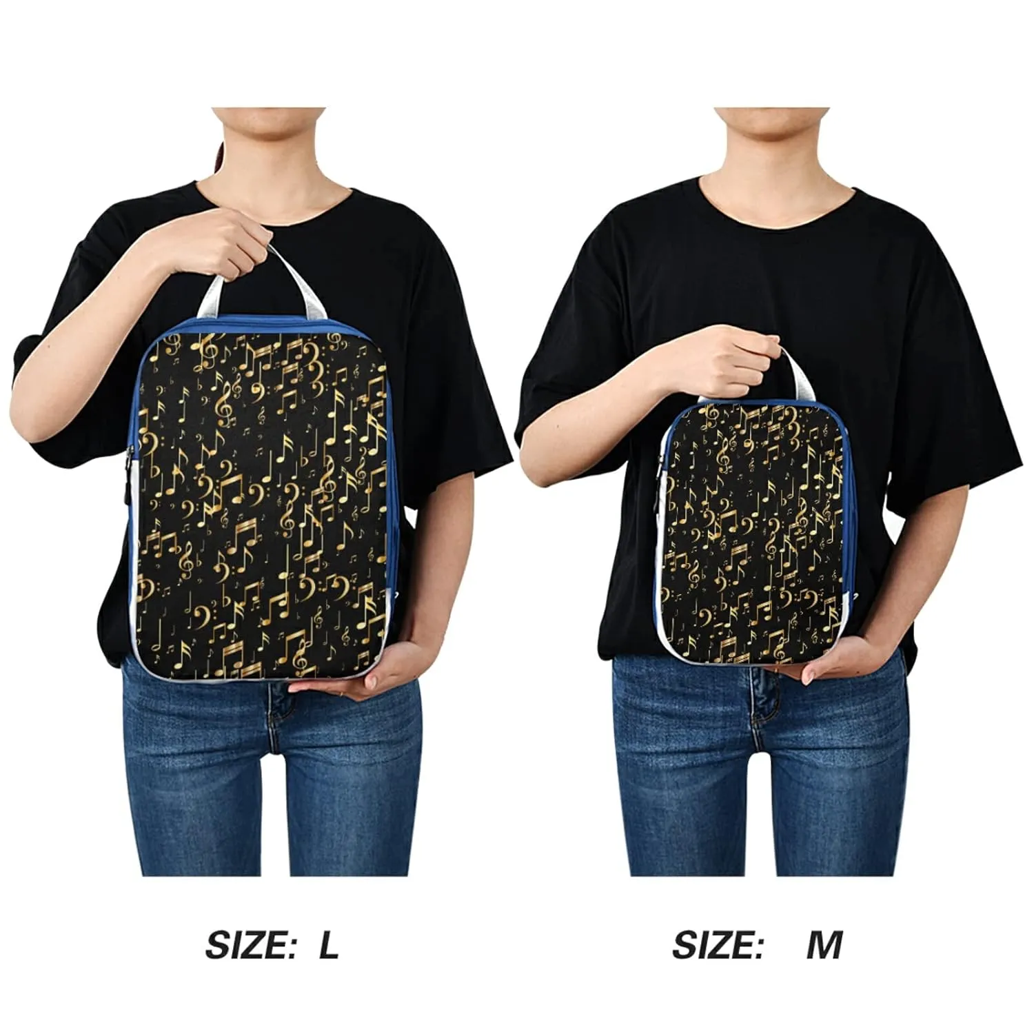 Seamless Concert Gold Music Notes and Signs on Black 3 Piece set Cubes Expandable Adjustable Luggage Packing Bags, Ultralight Organizer Accessories Travel Suitcase Compressible Bags