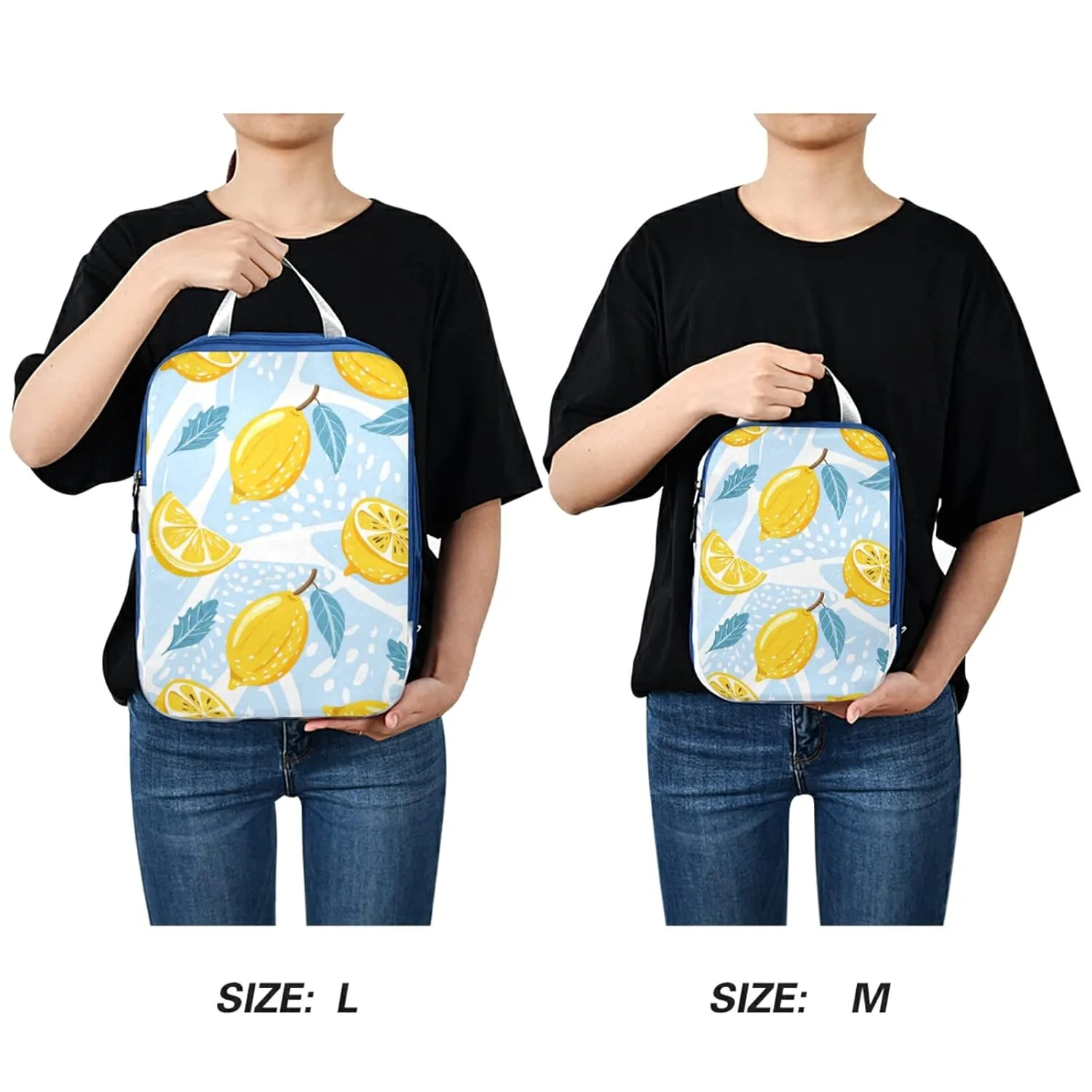 Seamless Lemons, Lemon Slices, Mint Leaves on Abstract Blue Art 3 Piece set Cubes Expandable Adjustable Luggage Packing Bags, Ultralight Organizer Accessories Travel Suitcase Compressible Bags