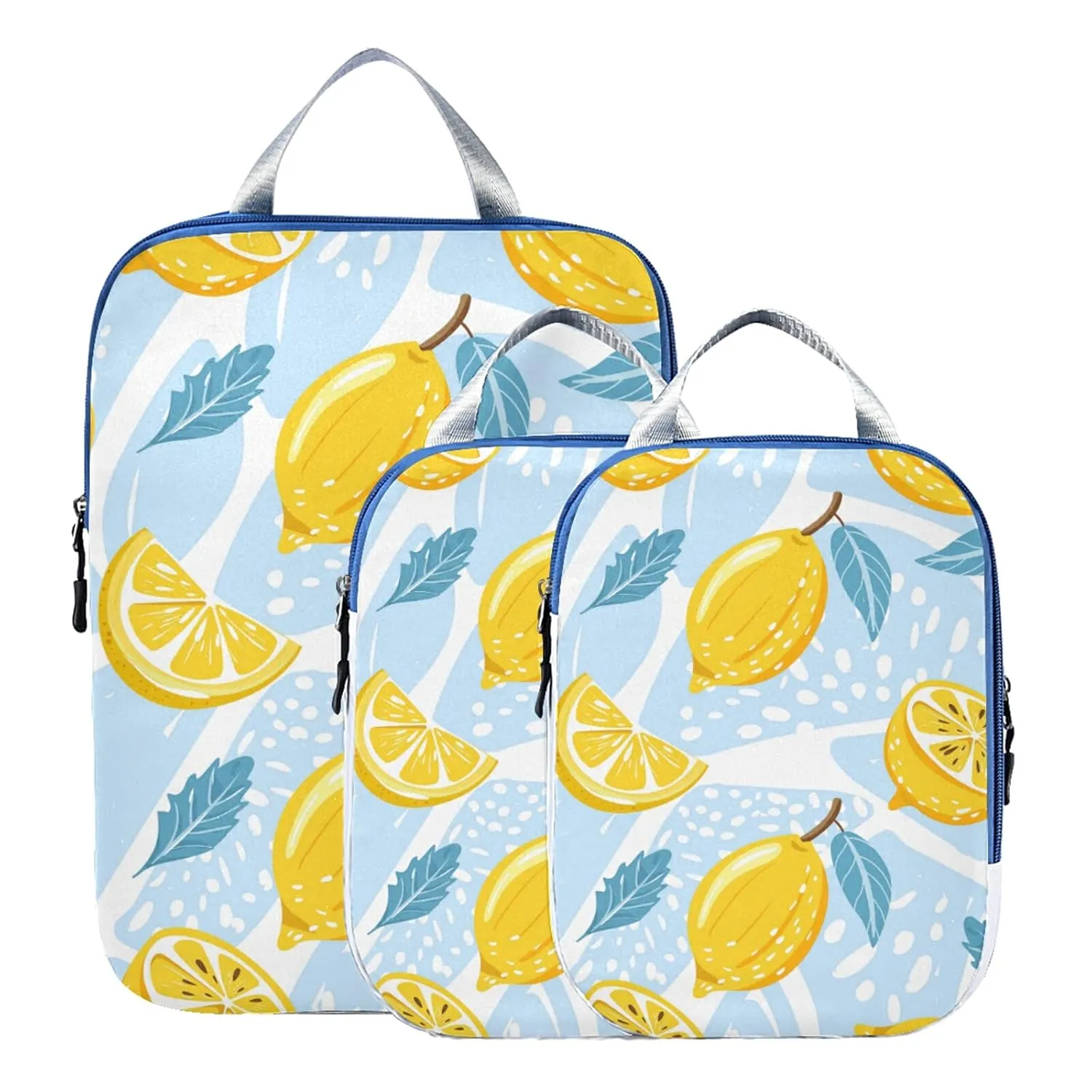 Seamless Lemons, Lemon Slices, Mint Leaves on Abstract Blue Art 3 Piece set Cubes Expandable Adjustable Luggage Packing Bags, Ultralight Organizer Accessories Travel Suitcase Compressible Bags