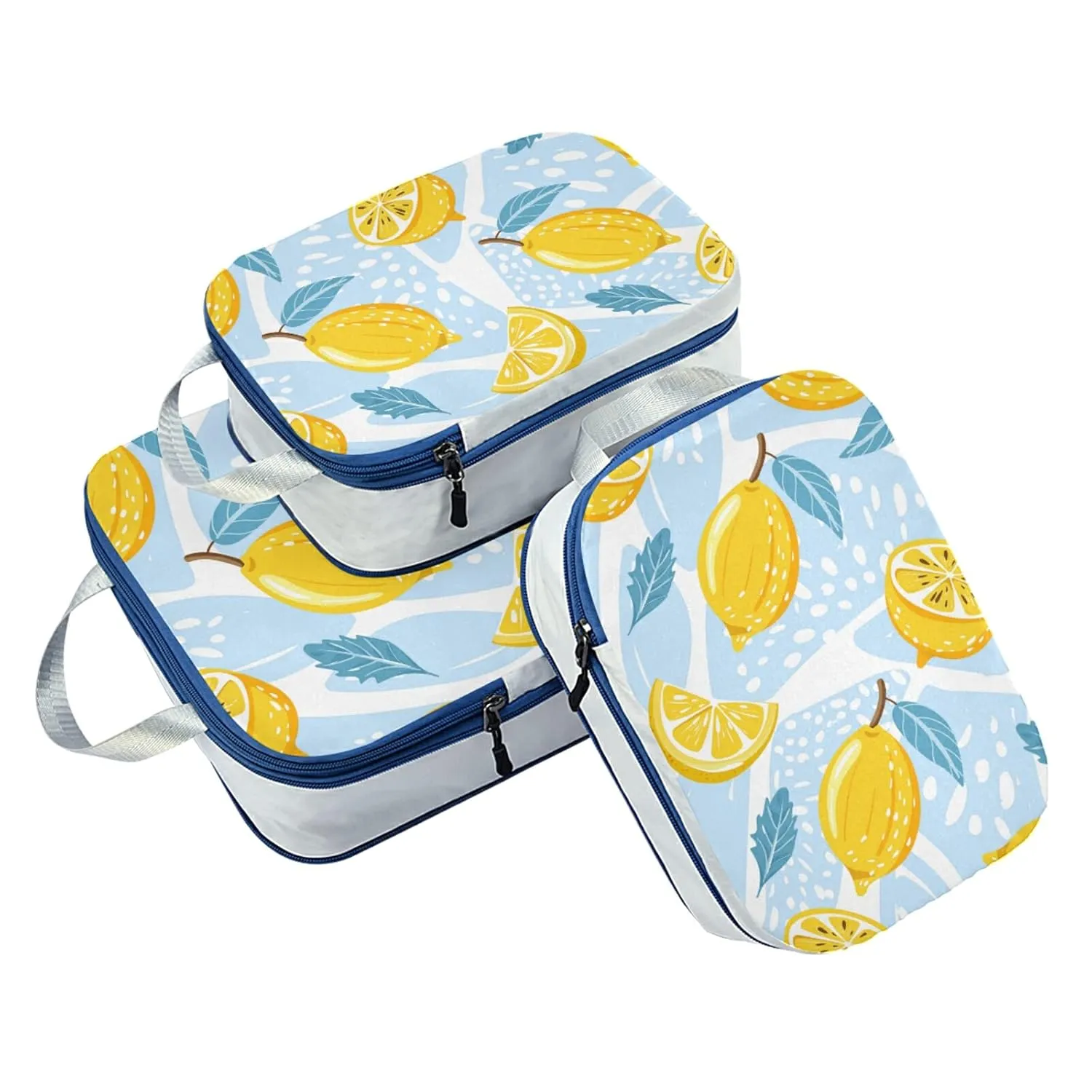Seamless Lemons, Lemon Slices, Mint Leaves on Abstract Blue Art 3 Piece set Cubes Expandable Adjustable Luggage Packing Bags, Ultralight Organizer Accessories Travel Suitcase Compressible Bags