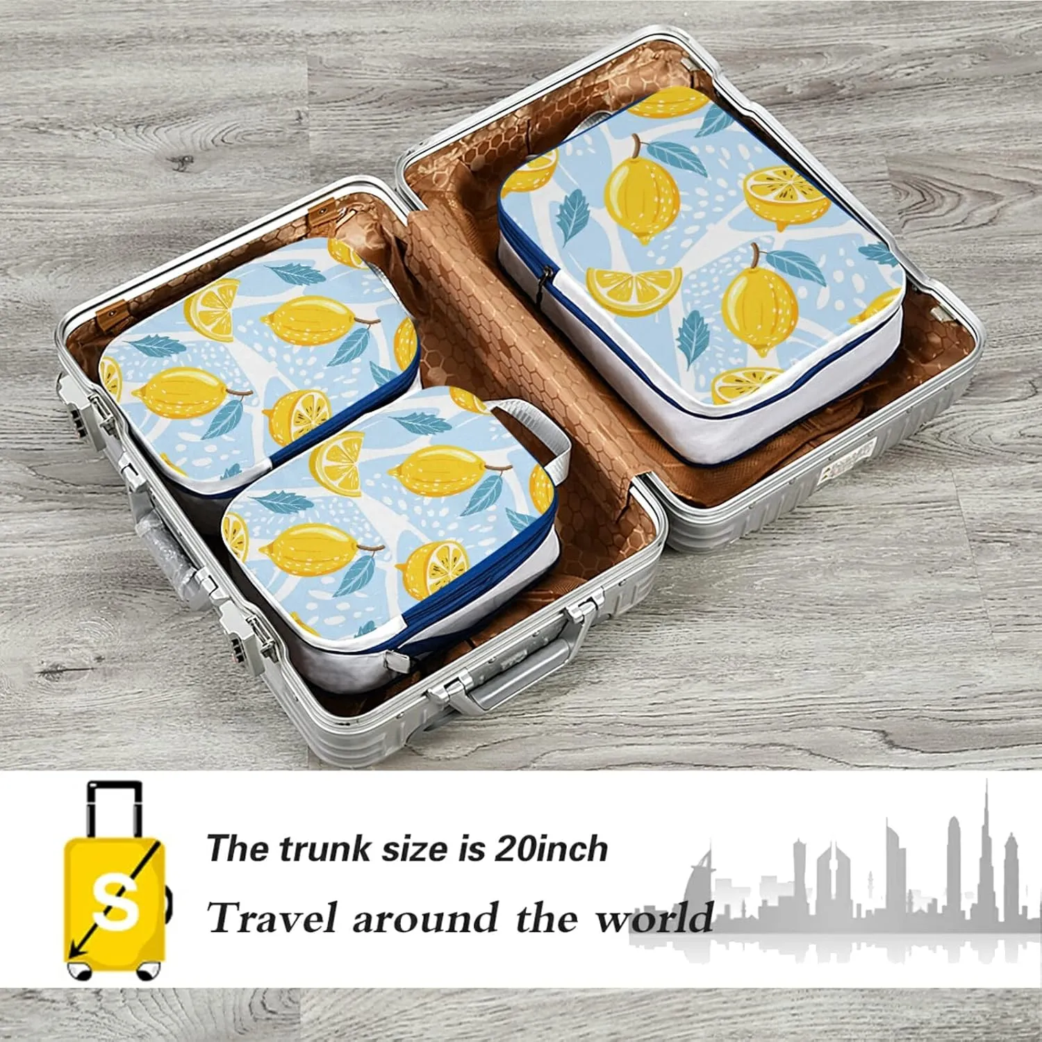 Seamless Lemons, Lemon Slices, Mint Leaves on Abstract Blue Art 3 Piece set Cubes Expandable Adjustable Luggage Packing Bags, Ultralight Organizer Accessories Travel Suitcase Compressible Bags