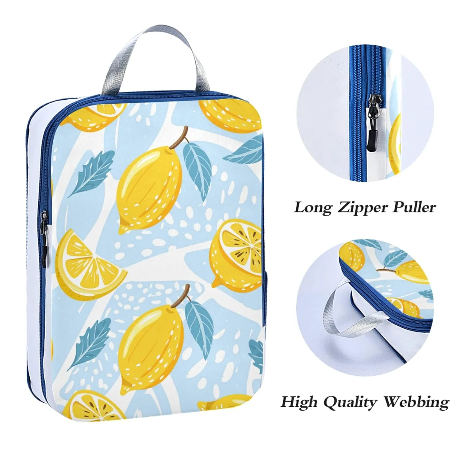 Seamless Lemons, Lemon Slices, Mint Leaves on Abstract Blue Art 3 Piece set Cubes Expandable Adjustable Luggage Packing Bags, Ultralight Organizer Accessories Travel Suitcase Compressible Bags