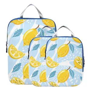 Seamless Lemons, Lemon Slices, Mint Leaves on Abstract Blue Art 3 Piece set Cubes Expandable Adjustable Luggage Packing Bags, Ultralight Organizer Accessories Travel Suitcase Compressible Bags