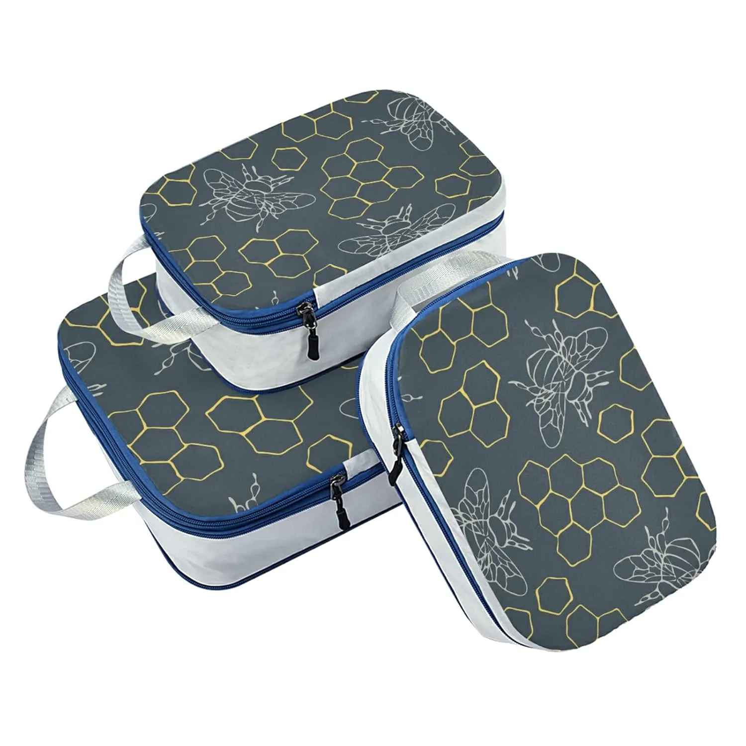 Seamless Outlined Honeycomb and Bees on Teal Blue 3 Piece set Cubes Expandable Adjustable Luggage Packing Bags, Ultralight Organizer Accessories Travel Suitcase Compressible Bags