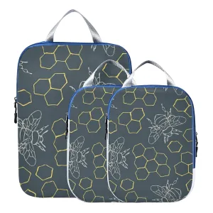 Seamless Outlined Honeycomb and Bees on Teal Blue 3 Piece set Cubes Expandable Adjustable Luggage Packing Bags, Ultralight Organizer Accessories Travel Suitcase Compressible Bags