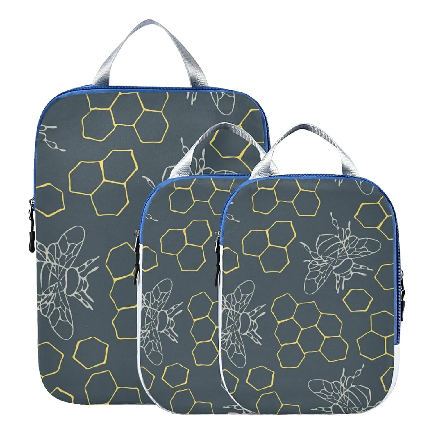 Seamless Outlined Honeycomb and Bees on Teal Blue 3 Piece set Cubes Expandable Adjustable Luggage Packing Bags, Ultralight Organizer Accessories Travel Suitcase Compressible Bags