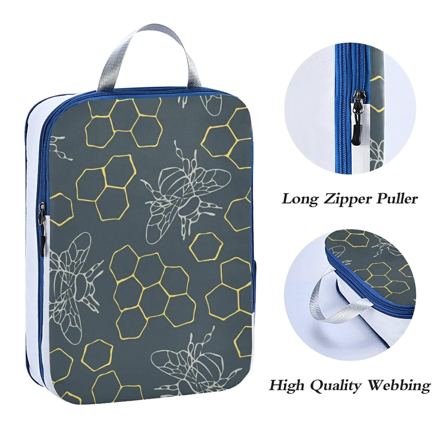 Seamless Outlined Honeycomb and Bees on Teal Blue 3 Piece set Cubes Expandable Adjustable Luggage Packing Bags, Ultralight Organizer Accessories Travel Suitcase Compressible Bags