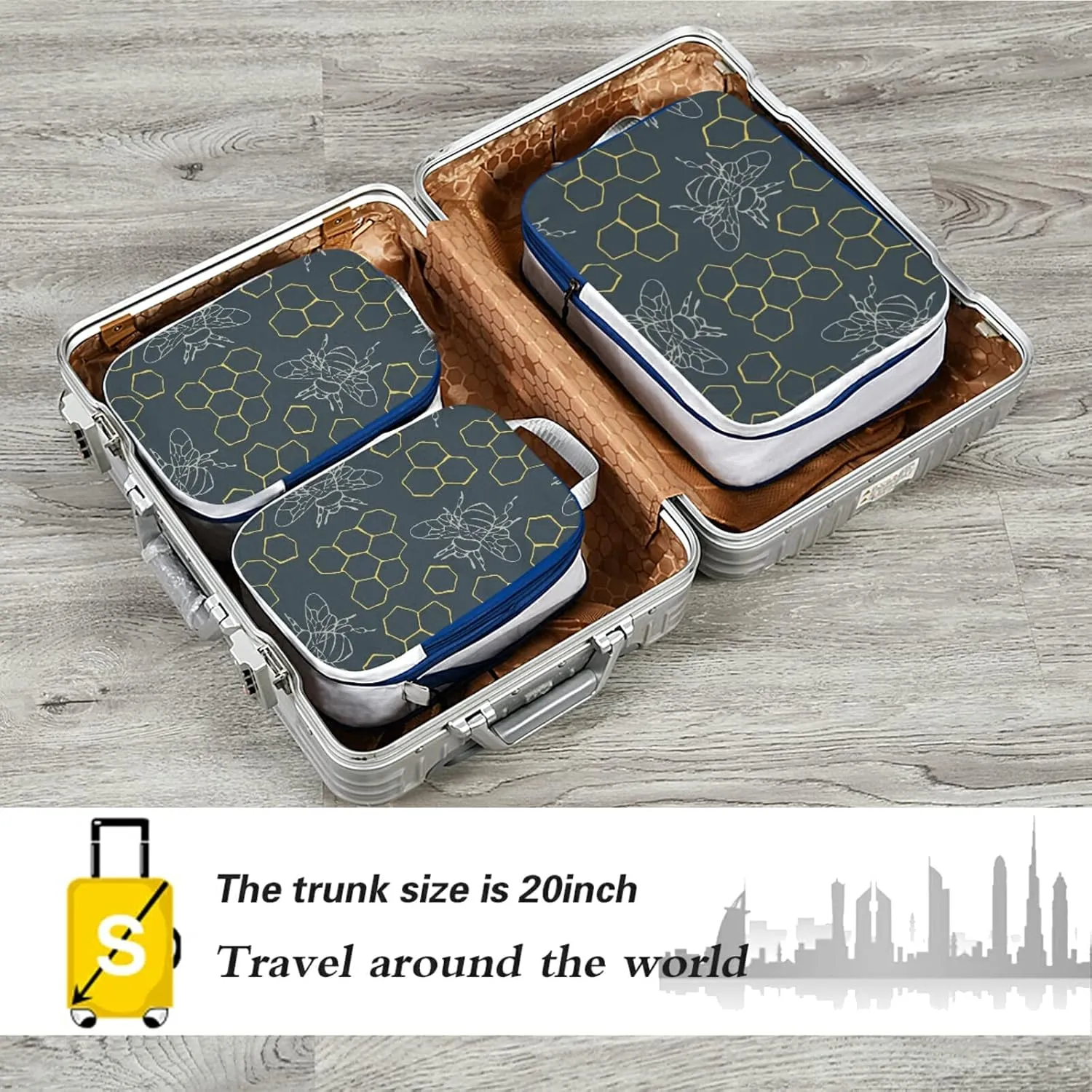 Seamless Outlined Honeycomb and Bees on Teal Blue 3 Piece set Cubes Expandable Adjustable Luggage Packing Bags, Ultralight Organizer Accessories Travel Suitcase Compressible Bags