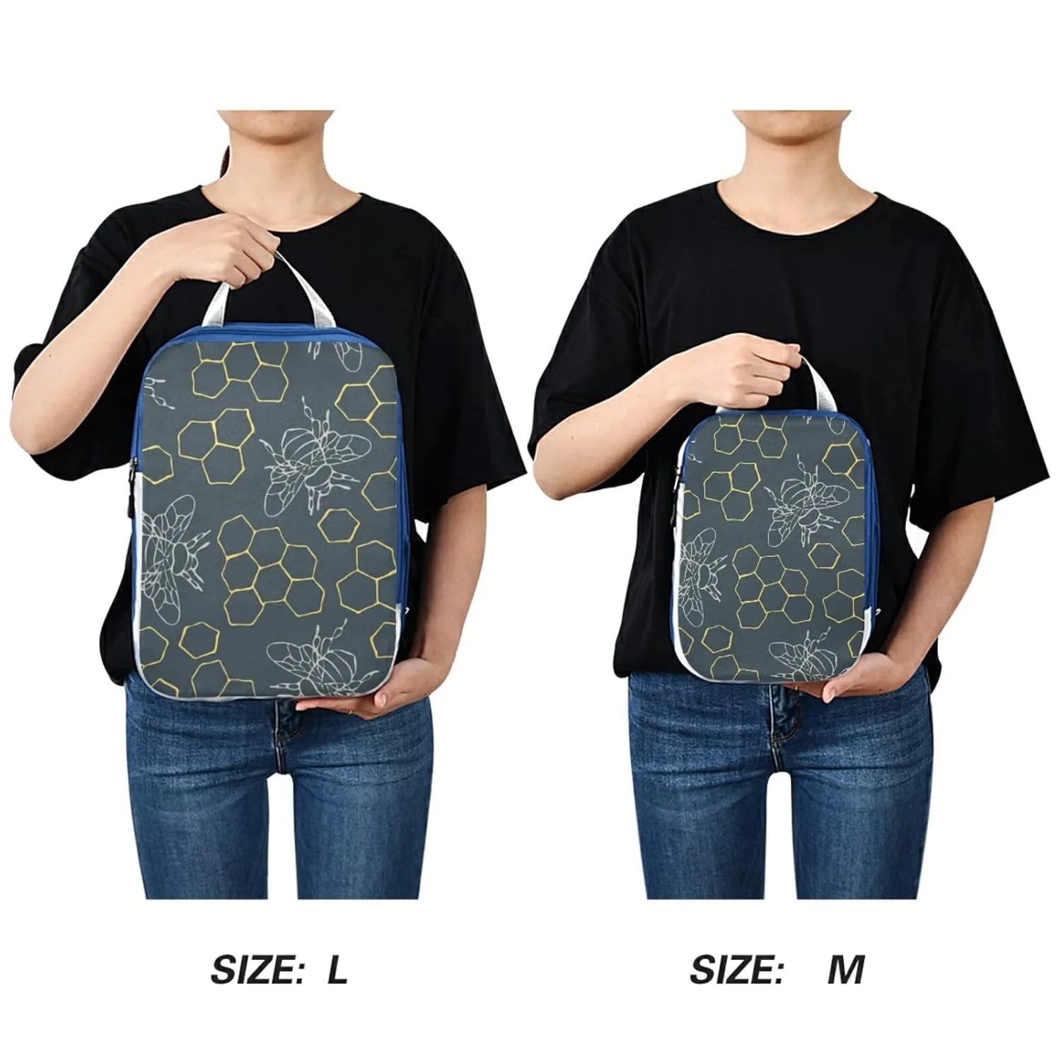 Seamless Outlined Honeycomb and Bees on Teal Blue 3 Piece set Cubes Expandable Adjustable Luggage Packing Bags, Ultralight Organizer Accessories Travel Suitcase Compressible Bags