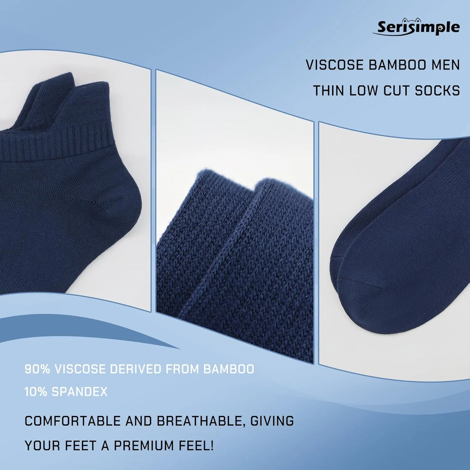SERISIMPLE Thin Viscose Bamboo No Show Sock Men Low Cut Socks Odor Resistant Breathable Sock 5 Pairs