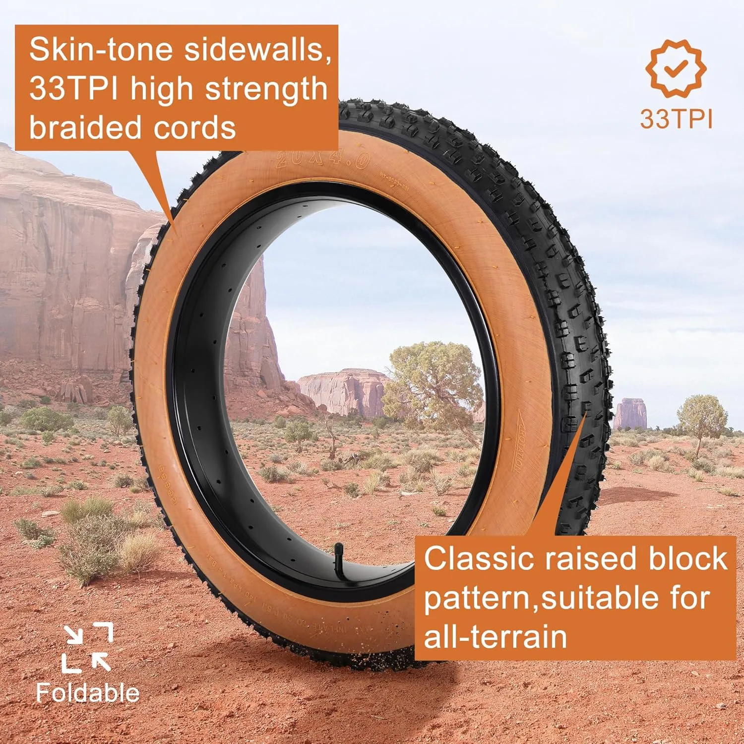 Set of 20x4.0 Fat Tire and Tube, Puncture Resistant Folding Bike Tire Set 102-406 Compatible with E-Bike Mountain Bike MTB Bicycle All-Terrain Directional Tread Sidewalls Skin 33TPI