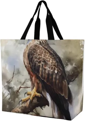 Shoulder Bag Casual Work Bag for Women Watercolor Of Hawk Sitting In The Tree Large Capacity Bags for Shopping,Travel Beach Gym