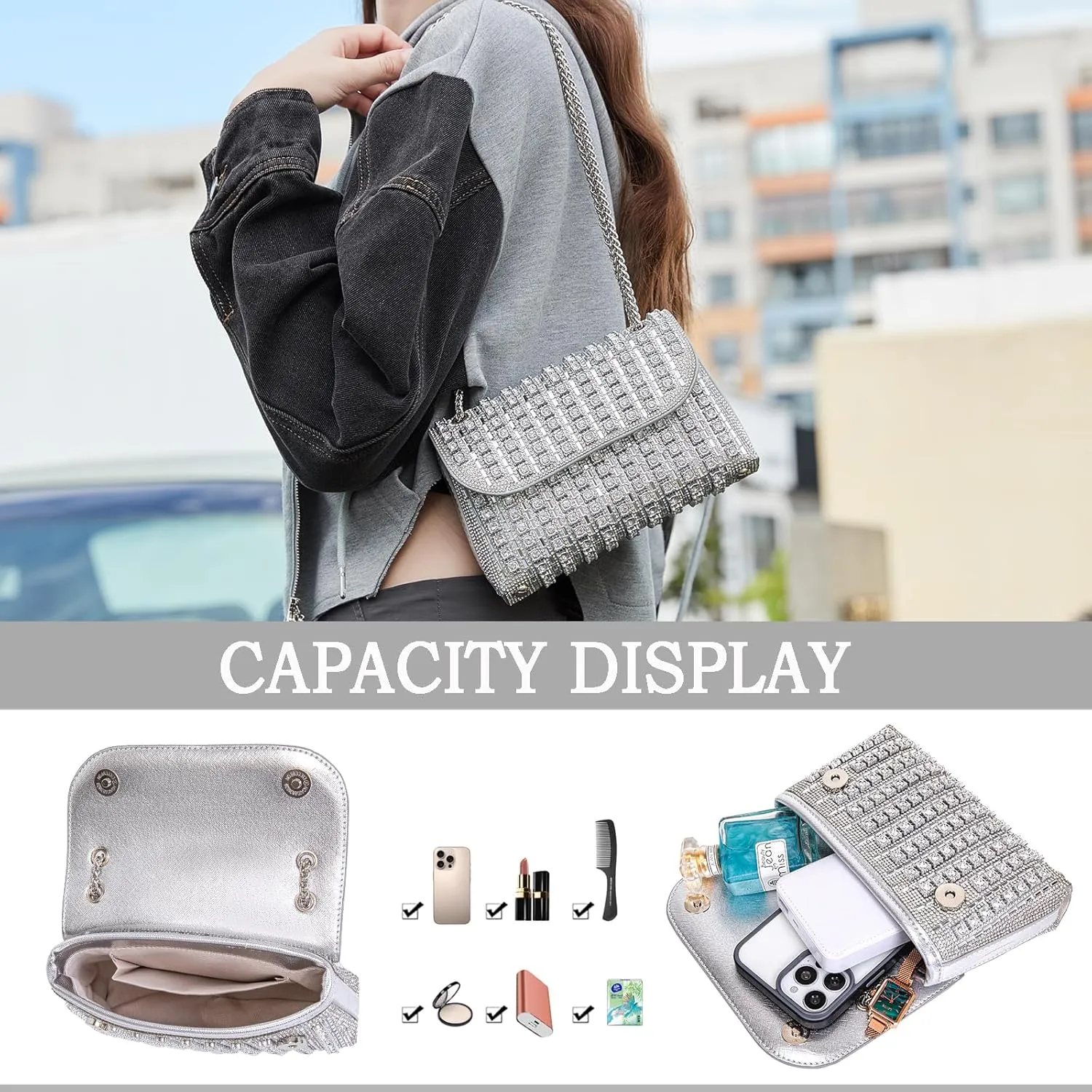 Shoulder Bags Crossbody Bag Purses Handbags Crystals Rhinestone Evening Bag for Women Clutch Purse with Chain