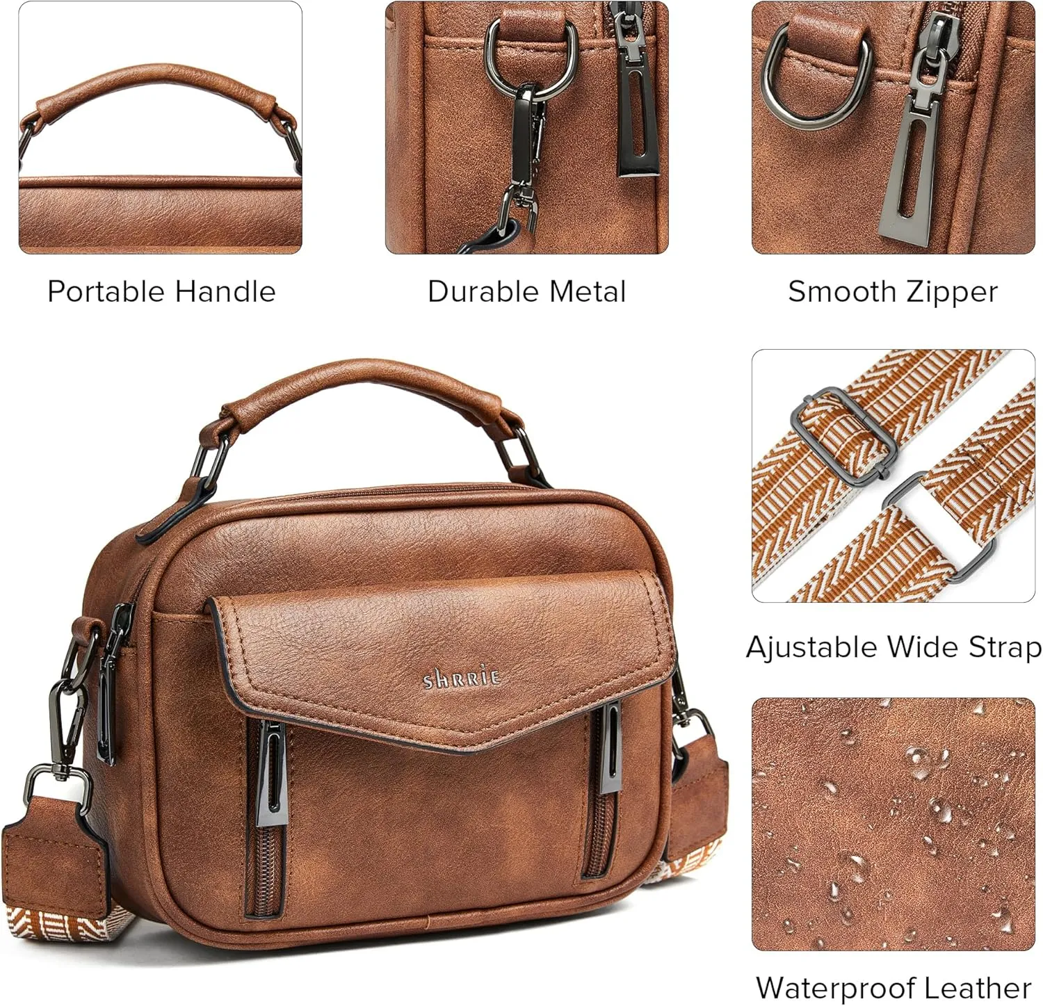 Shrrie Quilted Crossbody Bags for Women - Vegan Leather Crossbody Purses Triple Pocket Small Purses for Women Wide Strap