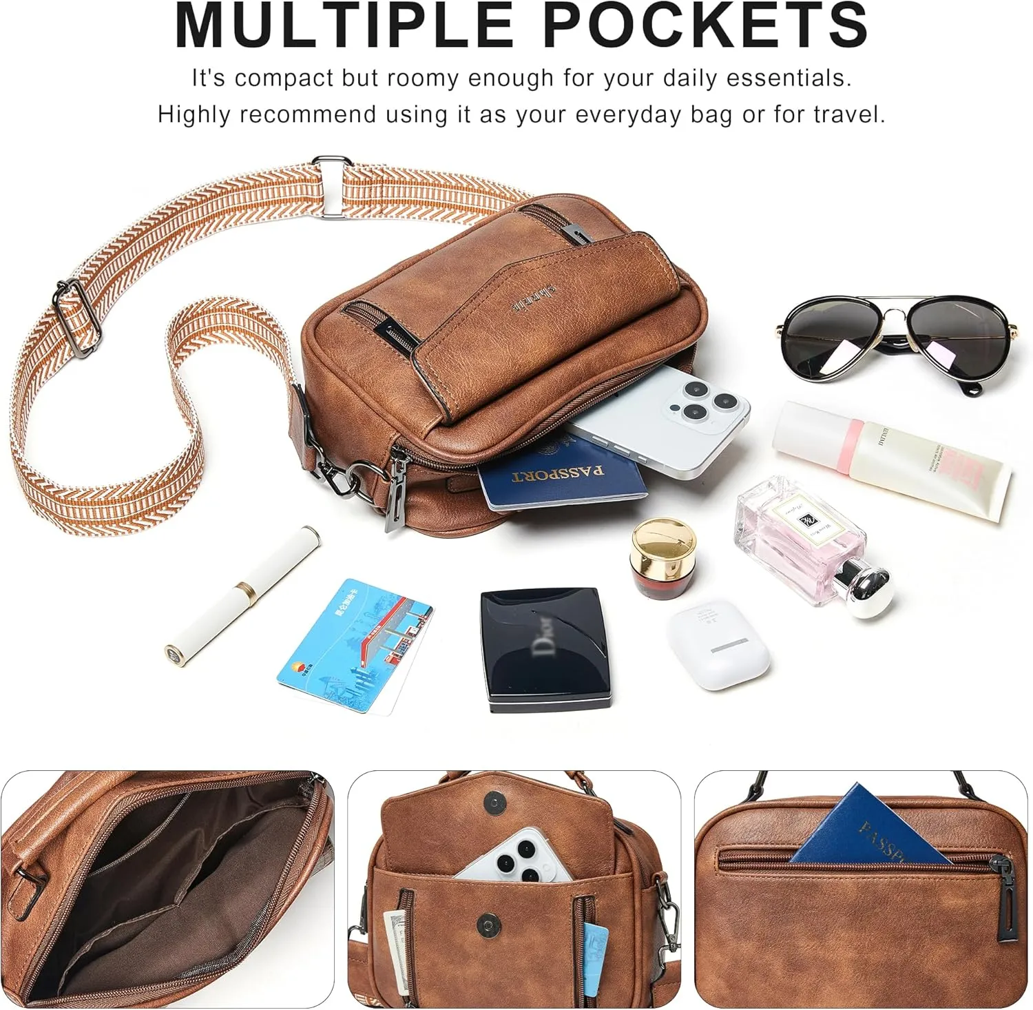 Shrrie Quilted Crossbody Bags for Women - Vegan Leather Crossbody Purses Triple Pocket Small Purses for Women Wide Strap