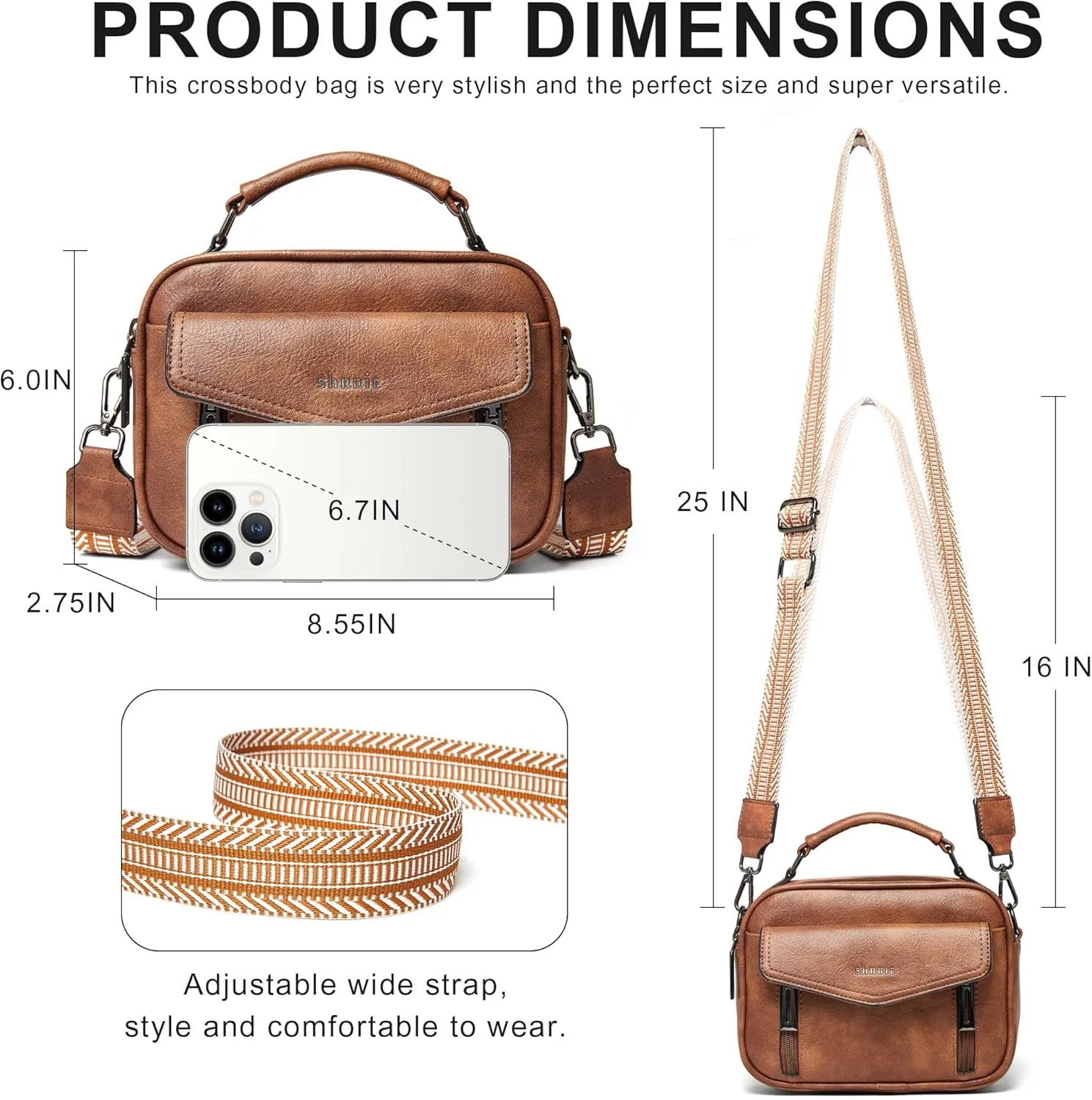 Shrrie Quilted Crossbody Bags for Women - Vegan Leather Crossbody Purses Triple Pocket Small Purses for Women Wide Strap