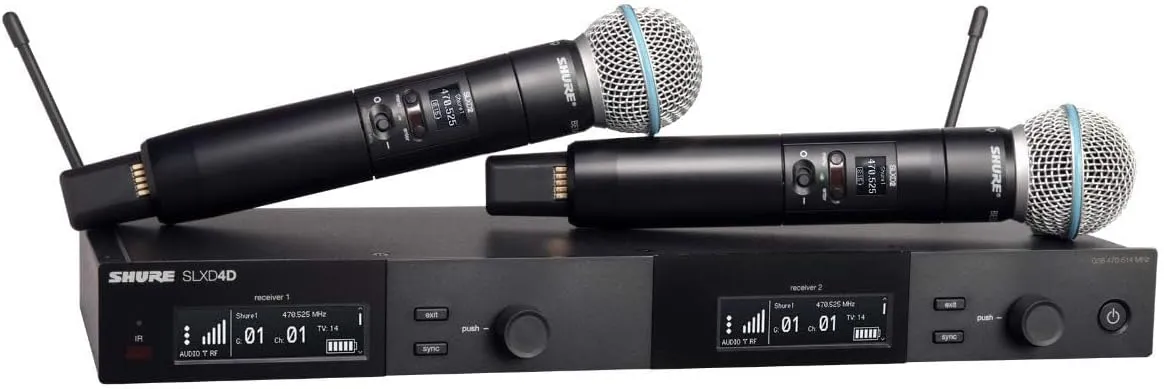 Shure SLXD24D/B58 Dual Channel Digital Wireless Microphone System - Includes Two SLXD2 Handheld Transmitters with BETA 58A Vocal Mic Capsules, SLXD4D Rack Mount Receiver | H55 Band (SLXD24D/B58-H55)