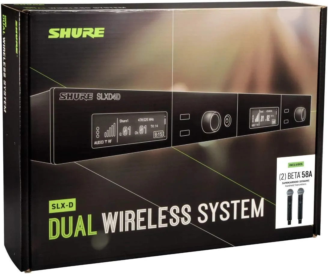 Shure SLXD24D/B58 Dual Channel Digital Wireless Microphone System - Includes Two SLXD2 Handheld Transmitters with BETA 58A Vocal Mic Capsules, SLXD4D Rack Mount Receiver | H55 Band (SLXD24D/B58-H55)