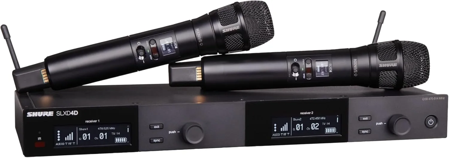 Shure SLXD24D/N8CB Dual Channel Wireless Microphone System - Includes Two SLXD2 Handheld Transmitters with Nexadyne 8/S Vocal Mic Capsules, SLXD4D Rack Mount Receiver | J52 Band (SLXD24D/N8SB-J52)