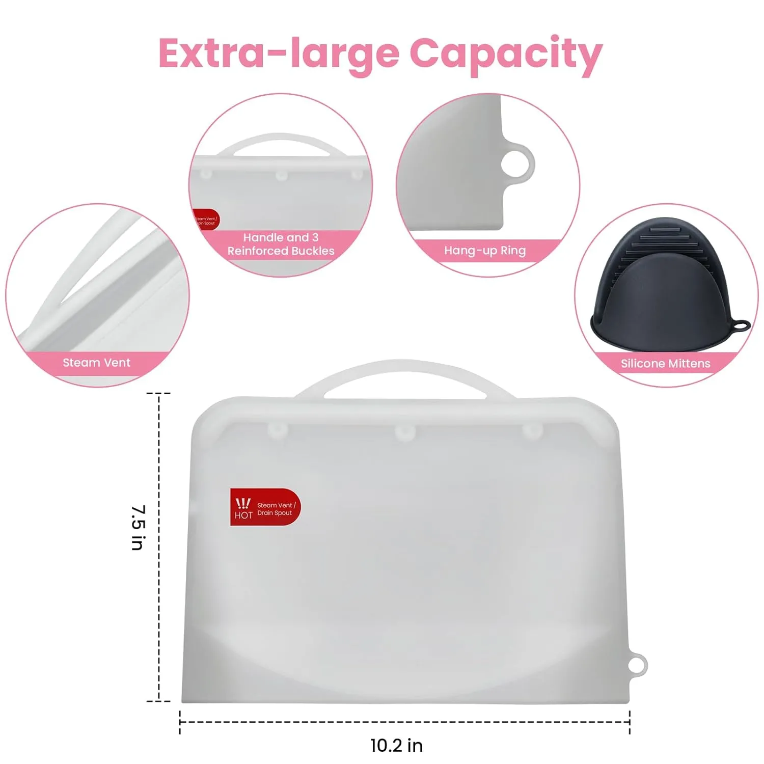 Silicone Microwave Steam Sterilizer Bags with Mini Oven Gloves, ZÜCÜBéBé Reusable Silicone Steaming Bags for Baby Bottles, Breast Pump, Accessories, Great for Home and On-The-Go, White (2PC)