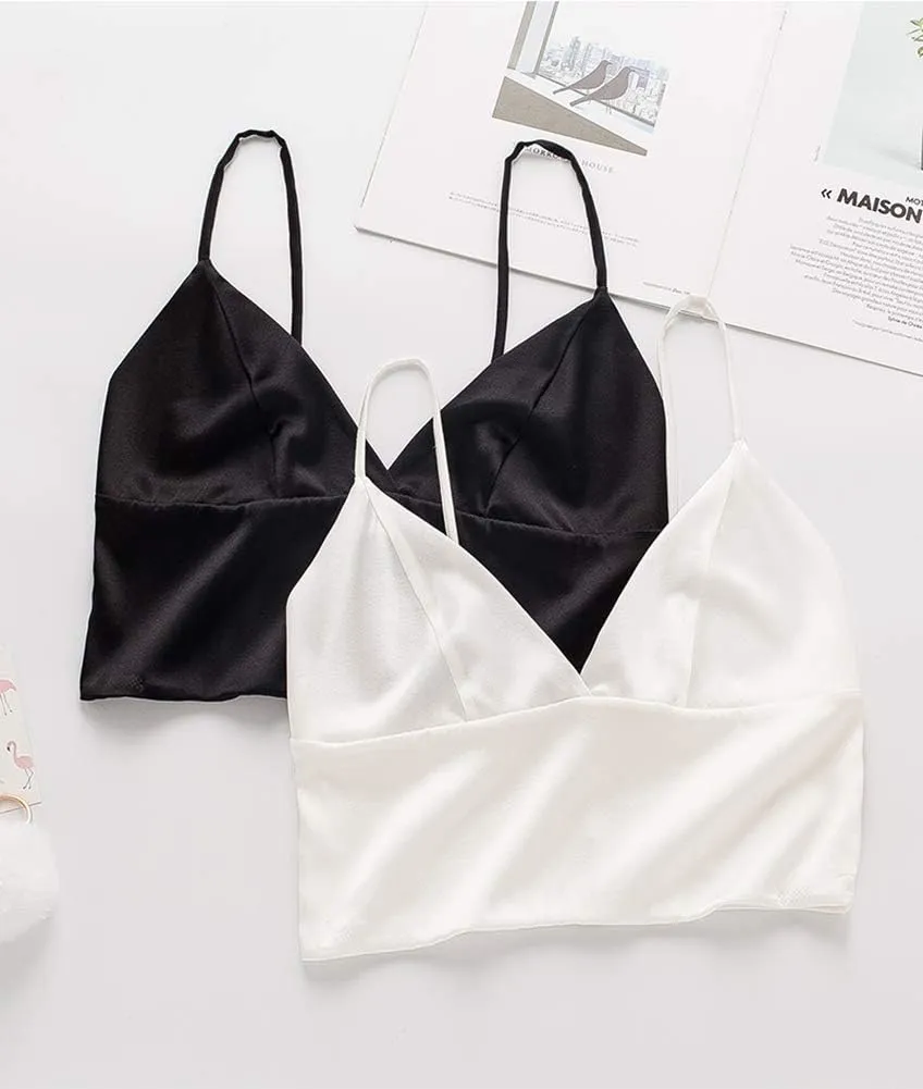 SilRiver Silk Satin Bralette Womens Triangle Bra Deep V Neck Croptops for Teens Wireless Bra