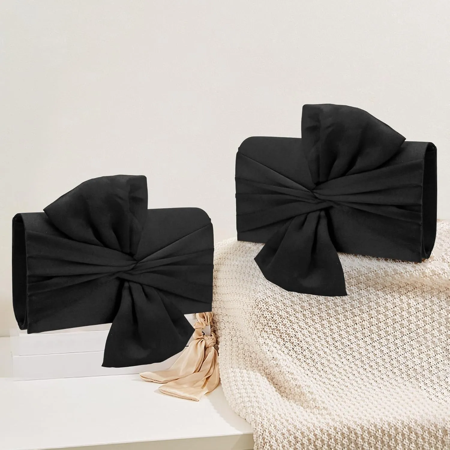 Simcat Womens Clutch Bag,Pleated Satin Handbag Lady Pleated Bow Purse Evening Bag with Chain for Wedding Prom Formal Party