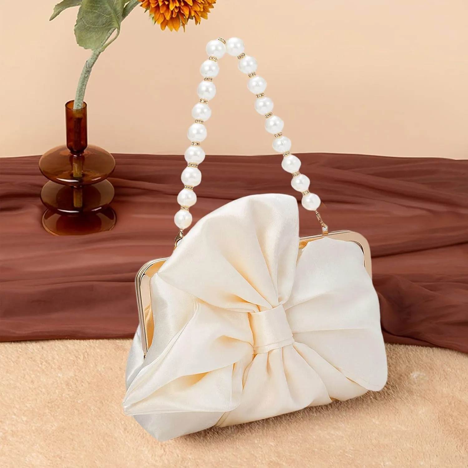 Simcat Womens Clutch Bag,Pleated Satin Handbag Lady Pleated Bow Purse Evening Bag with Chain for Wedding Prom Formal Party
