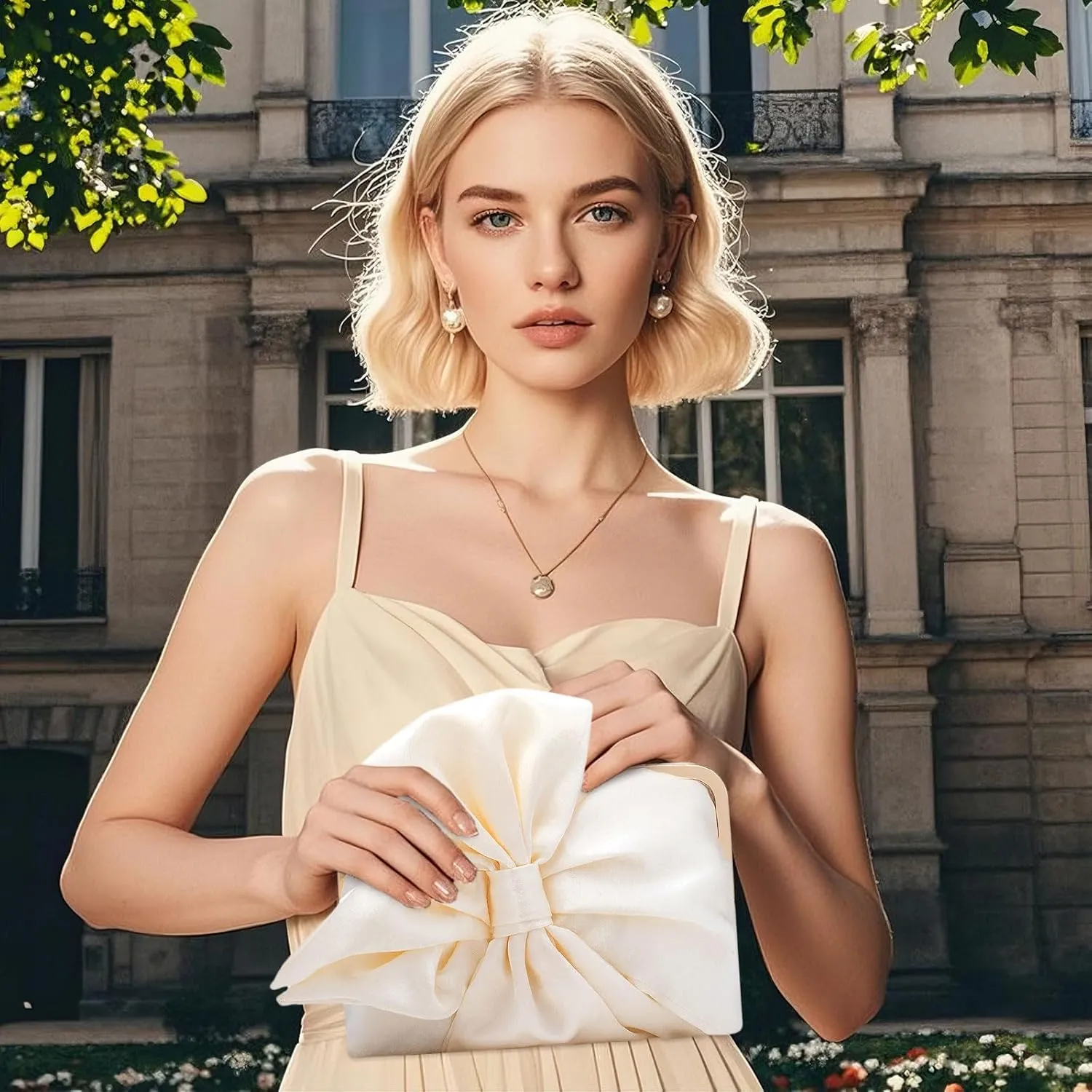 Simcat Womens Clutch Bag,Pleated Satin Handbag Lady Pleated Bow Purse Evening Bag with Chain for Wedding Prom Formal Party