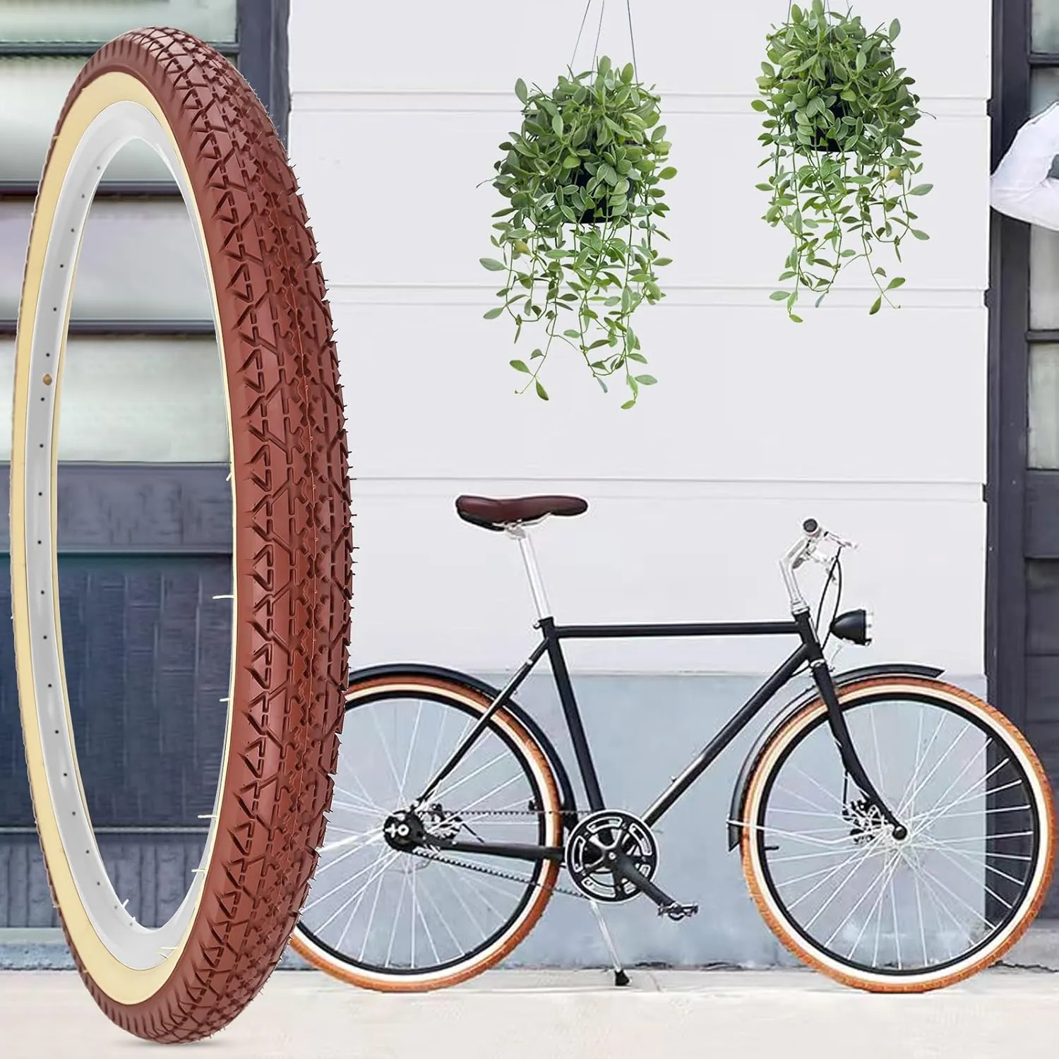 SIMEIQI 1 or 2 Pack Brown 26x2.125 Beach Cruiser Bike Tire Cream Wall with or Without 26x1.75/2.125 Inner Tubes for City Road Urban Bicycle Retro Tire