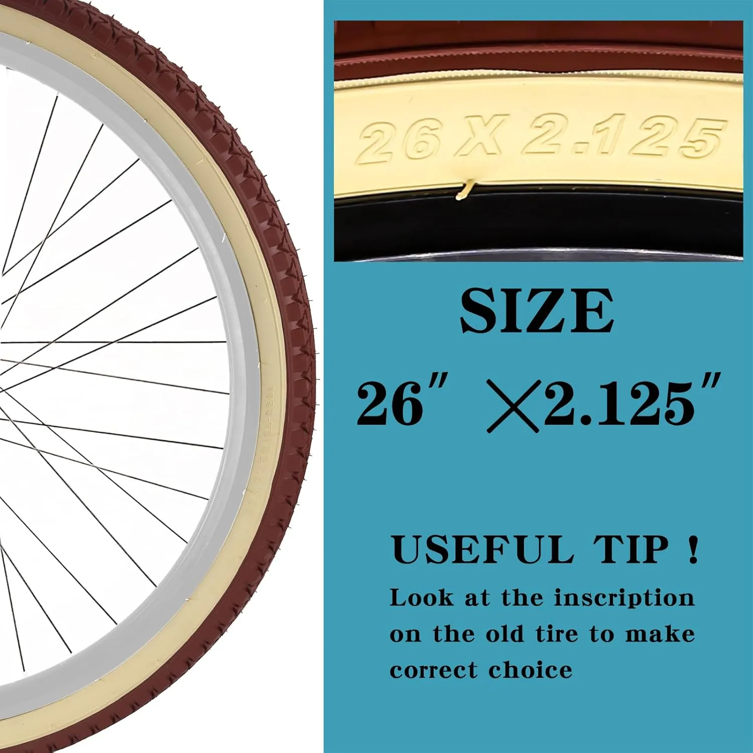 SIMEIQI 1 or 2 Pack Brown 26x2.125 Beach Cruiser Bike Tire Cream Wall with or Without 26x1.75/2.125 Inner Tubes for City Road Urban Bicycle Retro Tire
