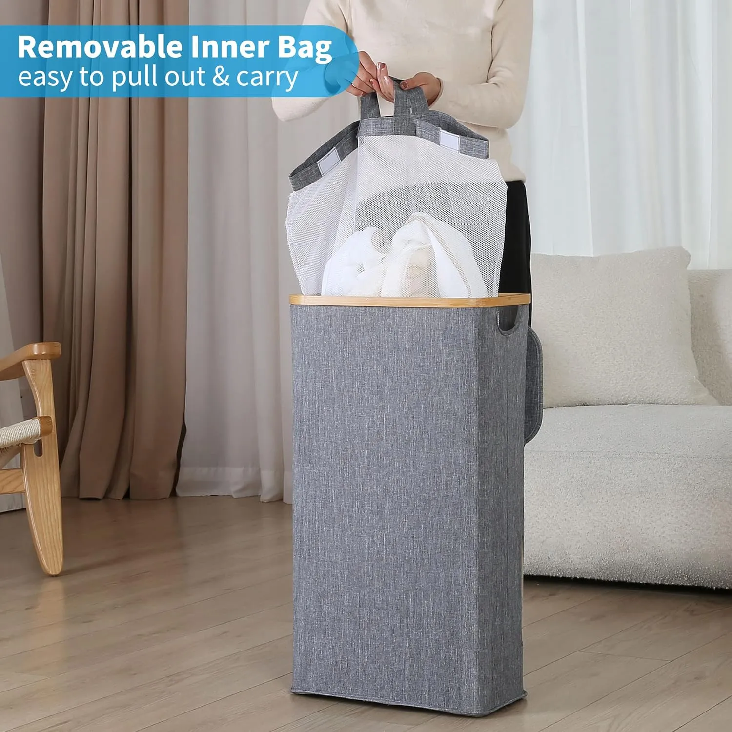 Slim Laundry Basket with Lid, Narrow Laundry Hamper with Removable Bag, Skinny Dirty Clothes Basket with Bamboo Handles for Bathroom, Bedroom & Laundry Room, 63L Ash Grey