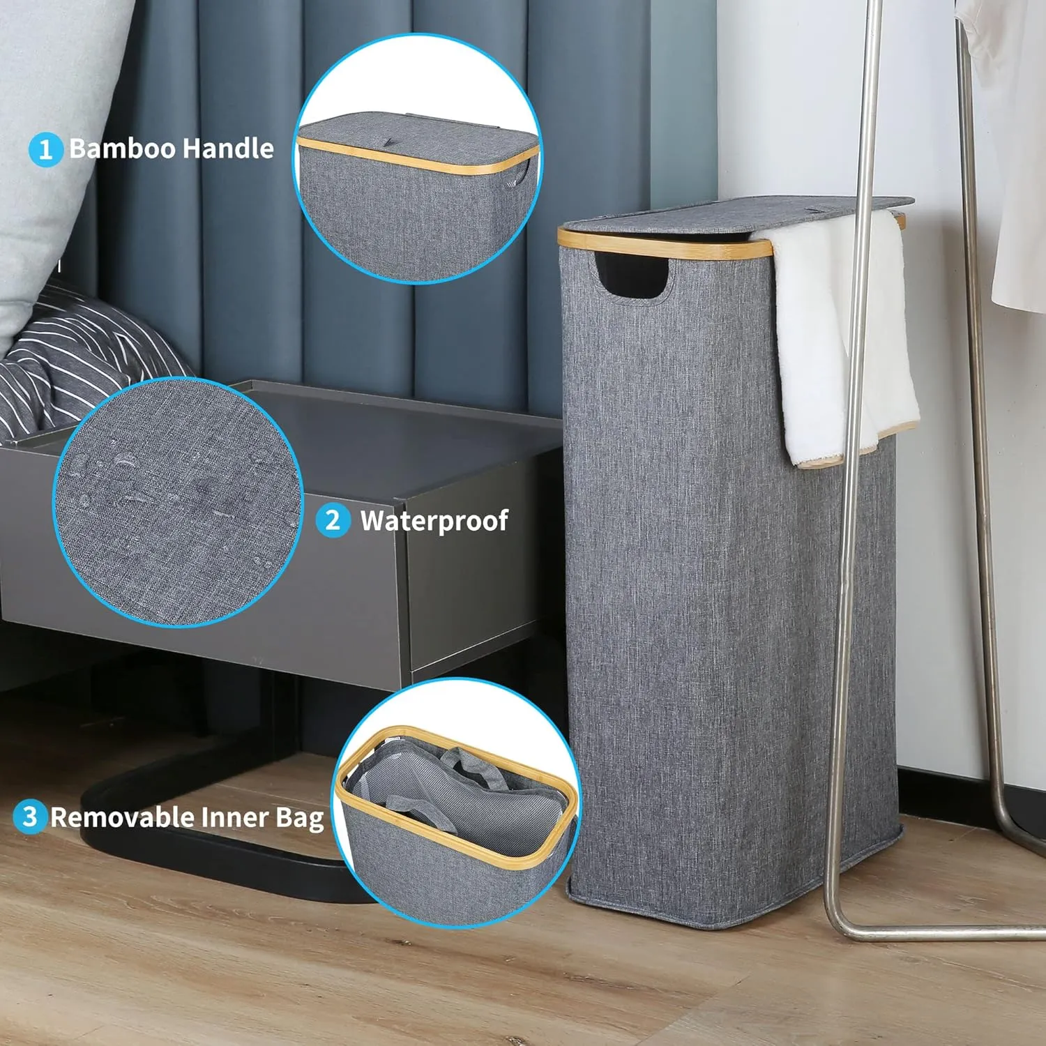 Slim Laundry Basket with Lid, Narrow Laundry Hamper with Removable Bag, Skinny Dirty Clothes Basket with Bamboo Handles for Bathroom, Bedroom & Laundry Room, 63L Ash Grey