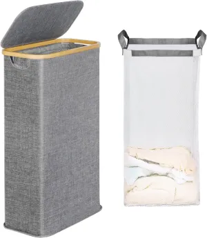 Slim Laundry Basket with Lid, Narrow Laundry Hamper with Removable Bag, Skinny Dirty Clothes Basket with Bamboo Handles for Bathroom, Bedroom & Laundry Room, 63L Ash Grey