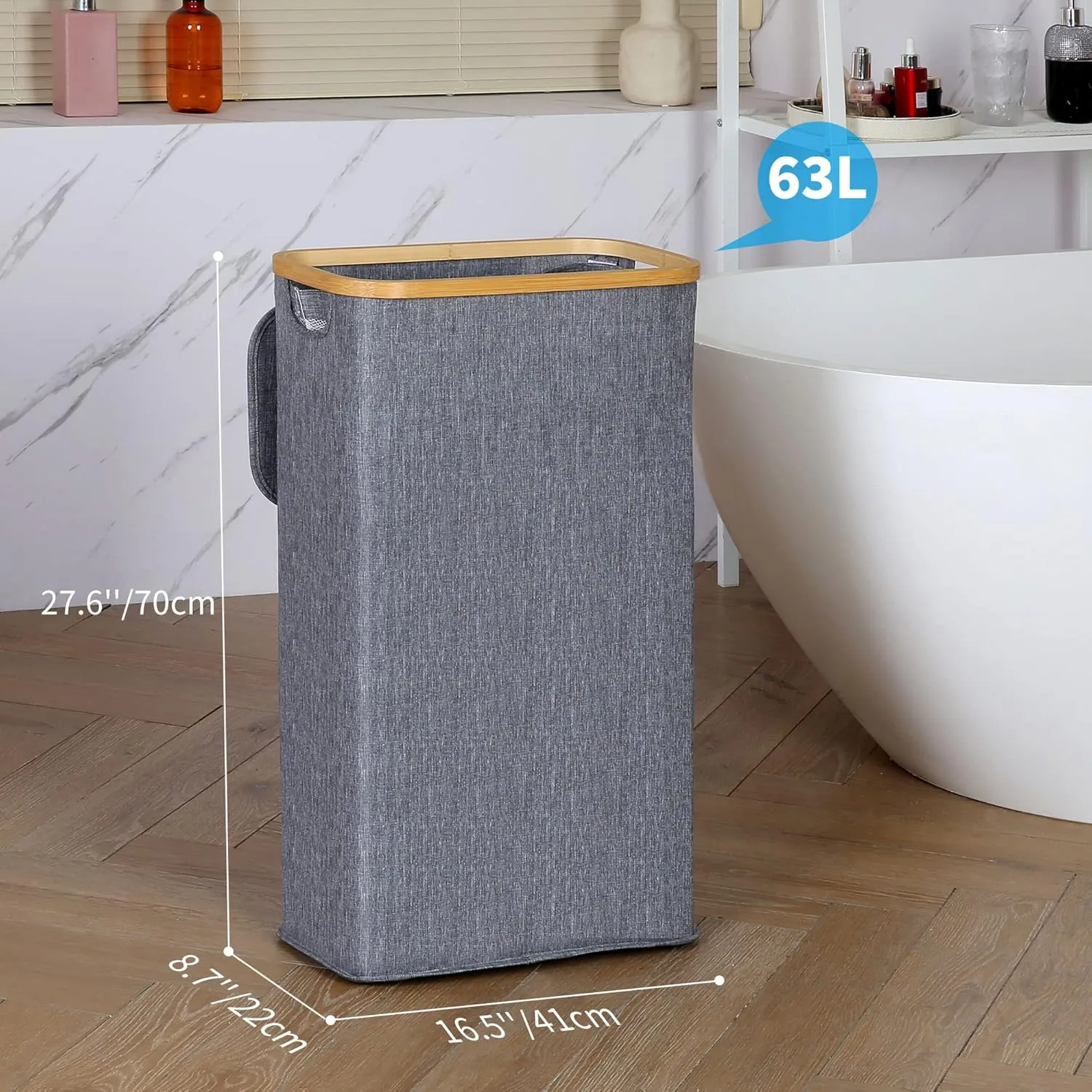 Slim Laundry Basket with Lid, Narrow Laundry Hamper with Removable Bag, Skinny Dirty Clothes Basket with Bamboo Handles for Bathroom, Bedroom & Laundry Room, 63L Ash Grey