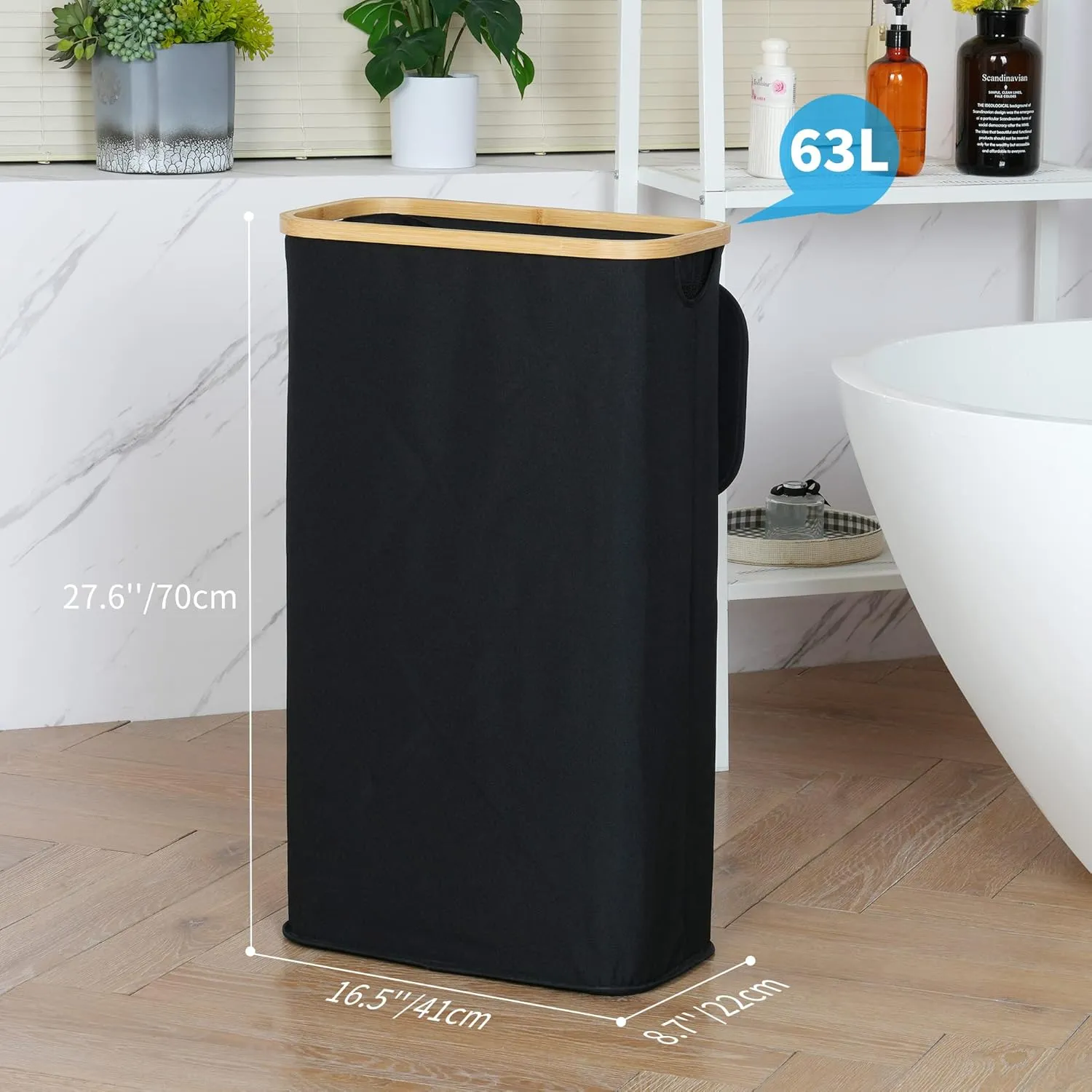 Slim Laundry Basket with Lid, Narrow Laundry Hamper with Removable Bag, Skinny Dirty Clothes Basket with Bamboo Handles for Bathroom, Bedroom & Laundry Room, 63L Black