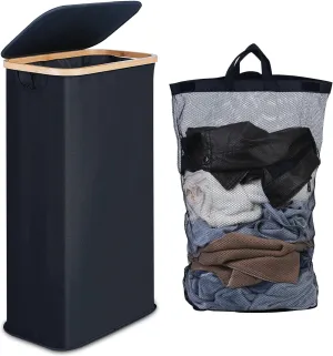 Slim Laundry Basket with Lid, Narrow Laundry Hamper with Removable Bag, Skinny Dirty Clothes Basket with Bamboo Handles for Bathroom, Bedroom & Laundry Room, 63L Black