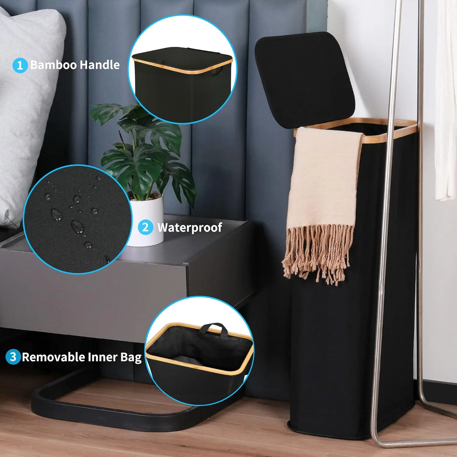 Slim Laundry Basket with Lid, Narrow Laundry Hamper with Removable Bag, Skinny Dirty Clothes Basket with Bamboo Handles for Bathroom, Bedroom & Laundry Room, 63L Black