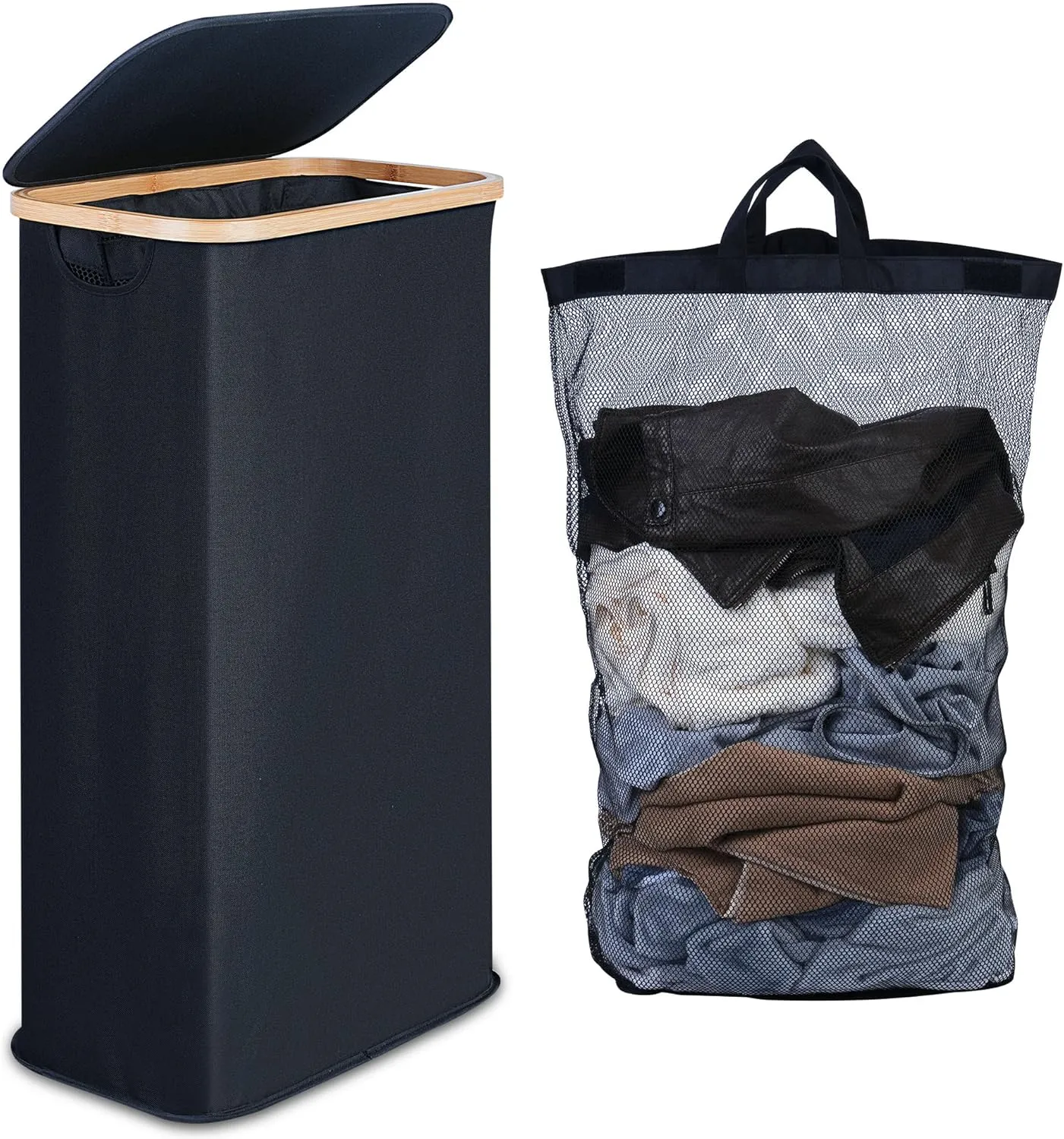 Slim Laundry Basket with Lid, Narrow Laundry Hamper with Removable Bag, Skinny Dirty Clothes Basket with Bamboo Handles for Bathroom, Bedroom & Laundry Room, 63L Black