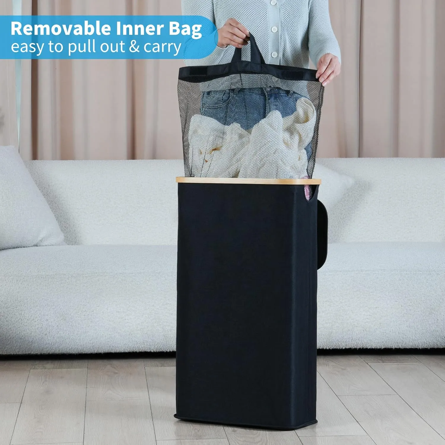 Slim Laundry Basket with Lid, Narrow Laundry Hamper with Removable Bag, Skinny Dirty Clothes Basket with Bamboo Handles for Bathroom, Bedroom & Laundry Room, 63L Black