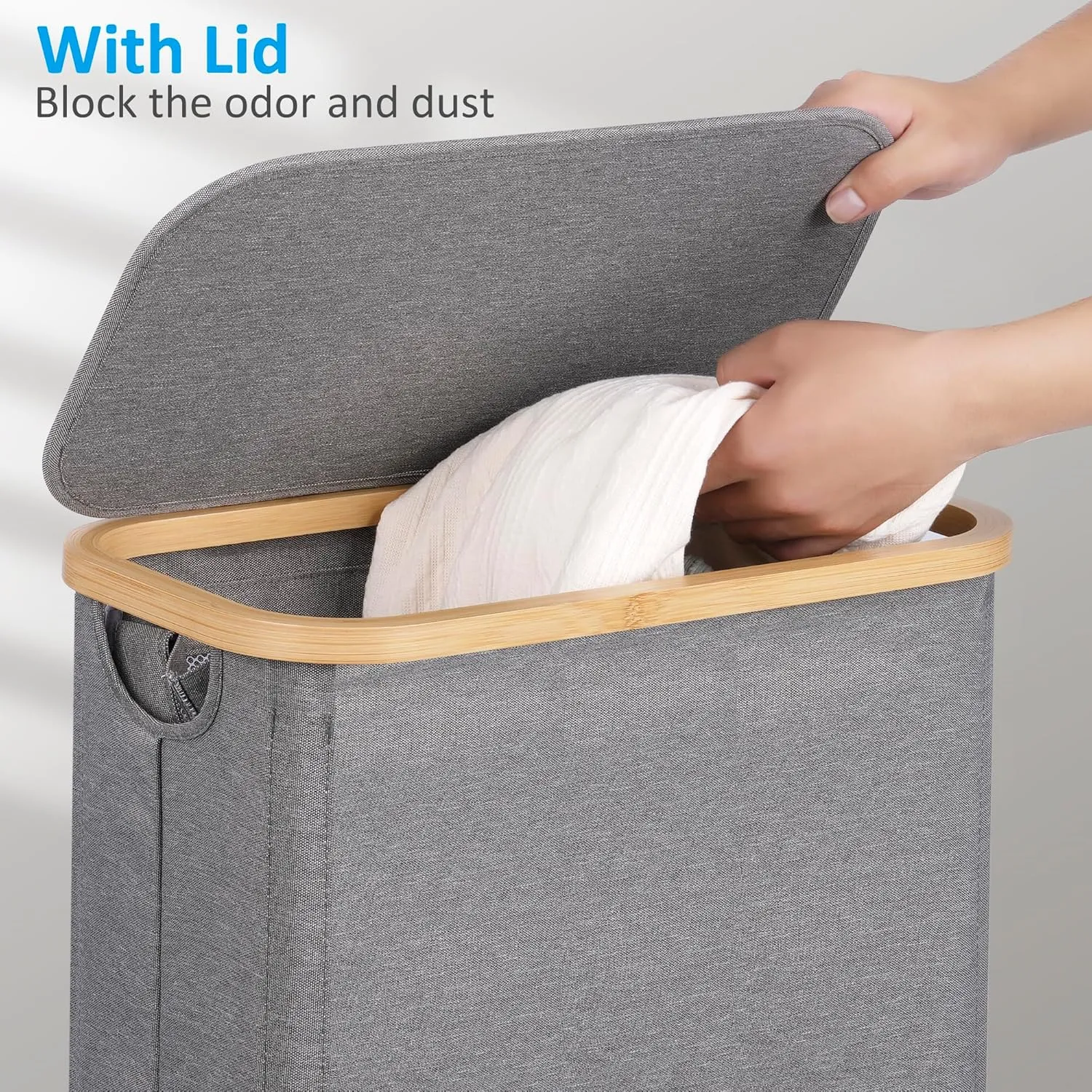 Slim Laundry Basket with Lid, Narrow Laundry Hamper with Removable Bag, Skinny Dirty Clothes Basket with Bamboo Handles for Bathroom, Bedroom & Laundry Room, 63L Grey