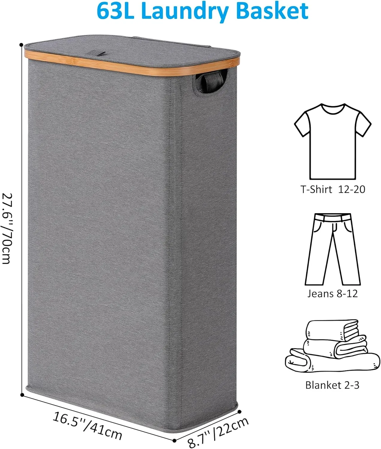 Slim Laundry Basket with Lid, Narrow Laundry Hamper with Removable Bag, Skinny Dirty Clothes Basket with Bamboo Handles for Bathroom, Bedroom & Laundry Room, 63L Grey
