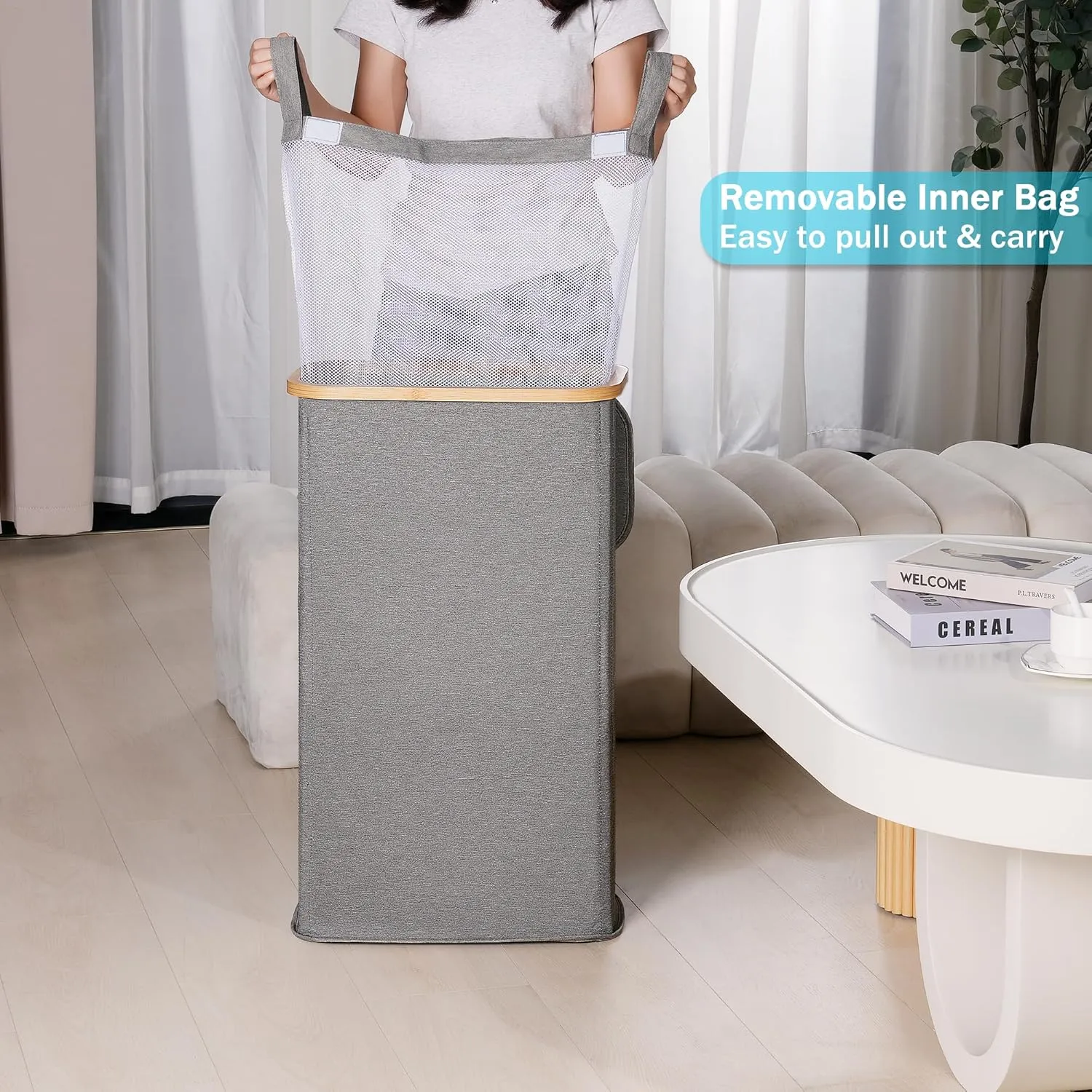 Slim Laundry Basket with Lid, Narrow Laundry Hamper with Removable Bag, Skinny Dirty Clothes Basket with Bamboo Handles for Bathroom, Bedroom & Laundry Room, 63L Grey
