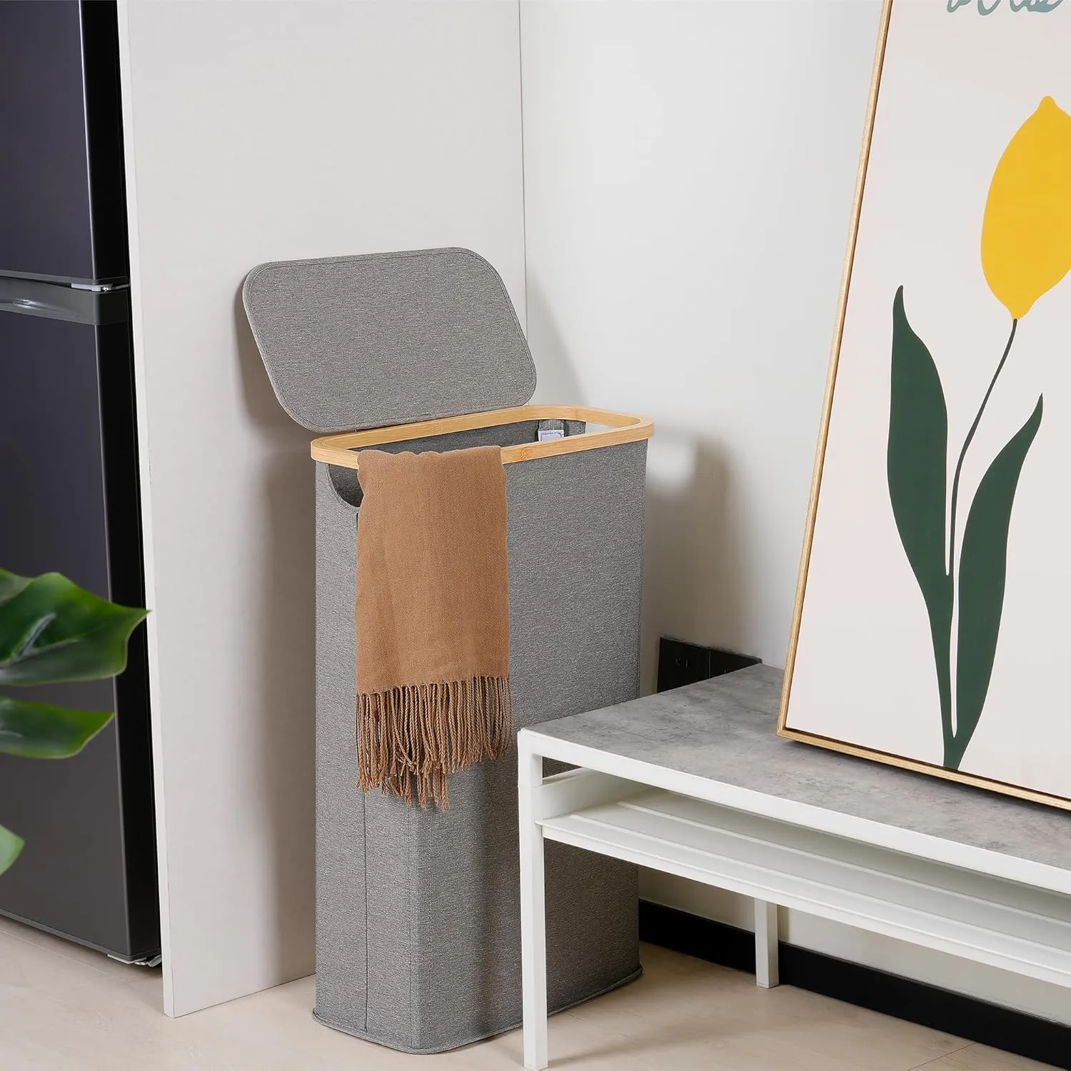 Slim Laundry Basket with Lid, Narrow Laundry Hamper with Removable Bag, Skinny Dirty Clothes Basket with Bamboo Handles for Bathroom, Bedroom & Laundry Room, 63L Grey