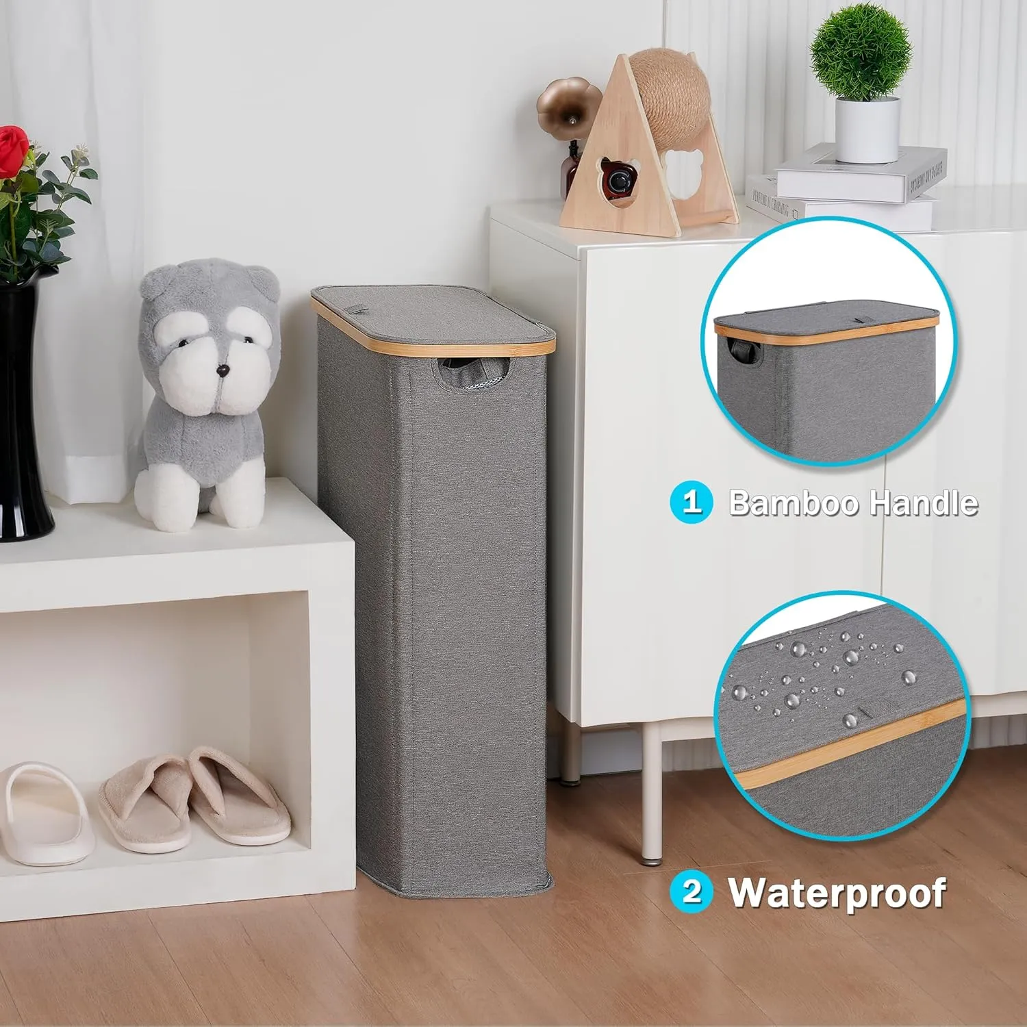 Slim Laundry Basket with Lid, Narrow Laundry Hamper with Removable Bag, Skinny Dirty Clothes Basket with Bamboo Handles for Bathroom, Bedroom & Laundry Room, 63L Grey