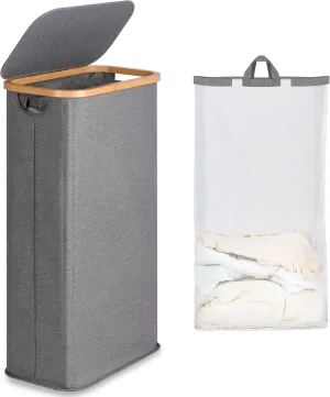 Slim Laundry Basket with Lid, Narrow Laundry Hamper with Removable Bag, Skinny Dirty Clothes Basket with Bamboo Handles for Bathroom, Bedroom & Laundry Room, 63L Grey