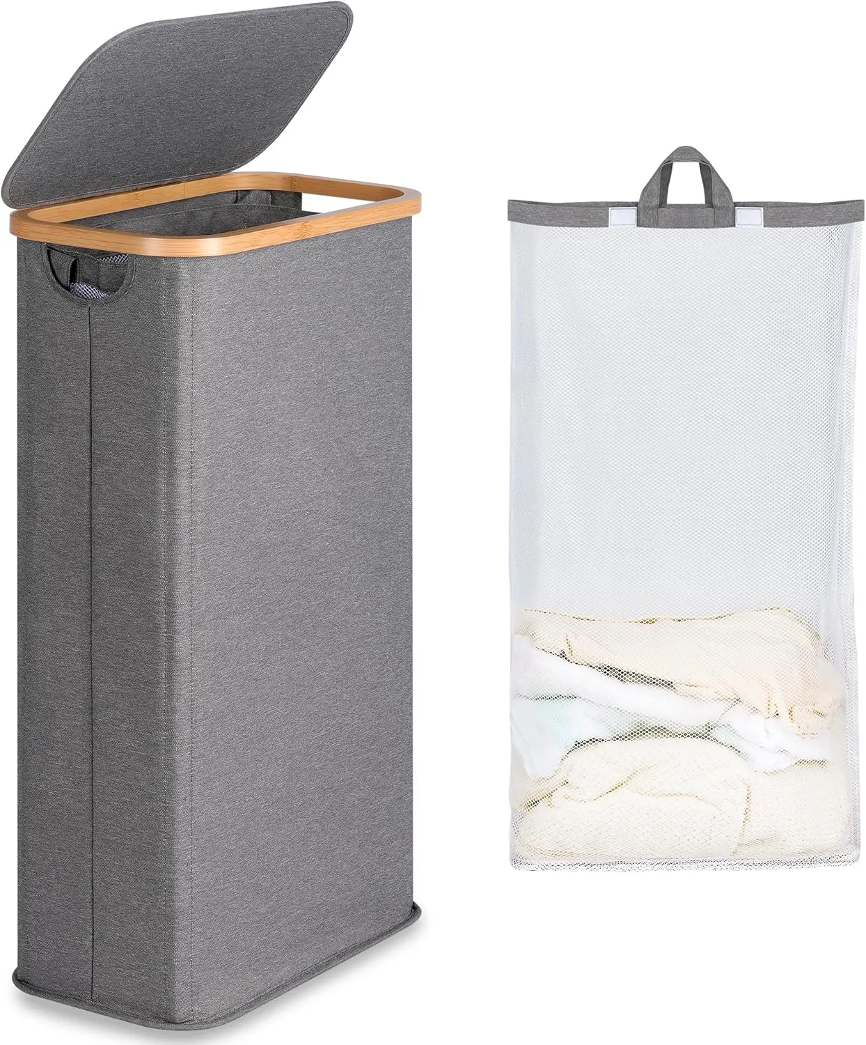 Slim Laundry Basket with Lid, Narrow Laundry Hamper with Removable Bag, Skinny Dirty Clothes Basket with Bamboo Handles for Bathroom, Bedroom & Laundry Room, 63L Grey
