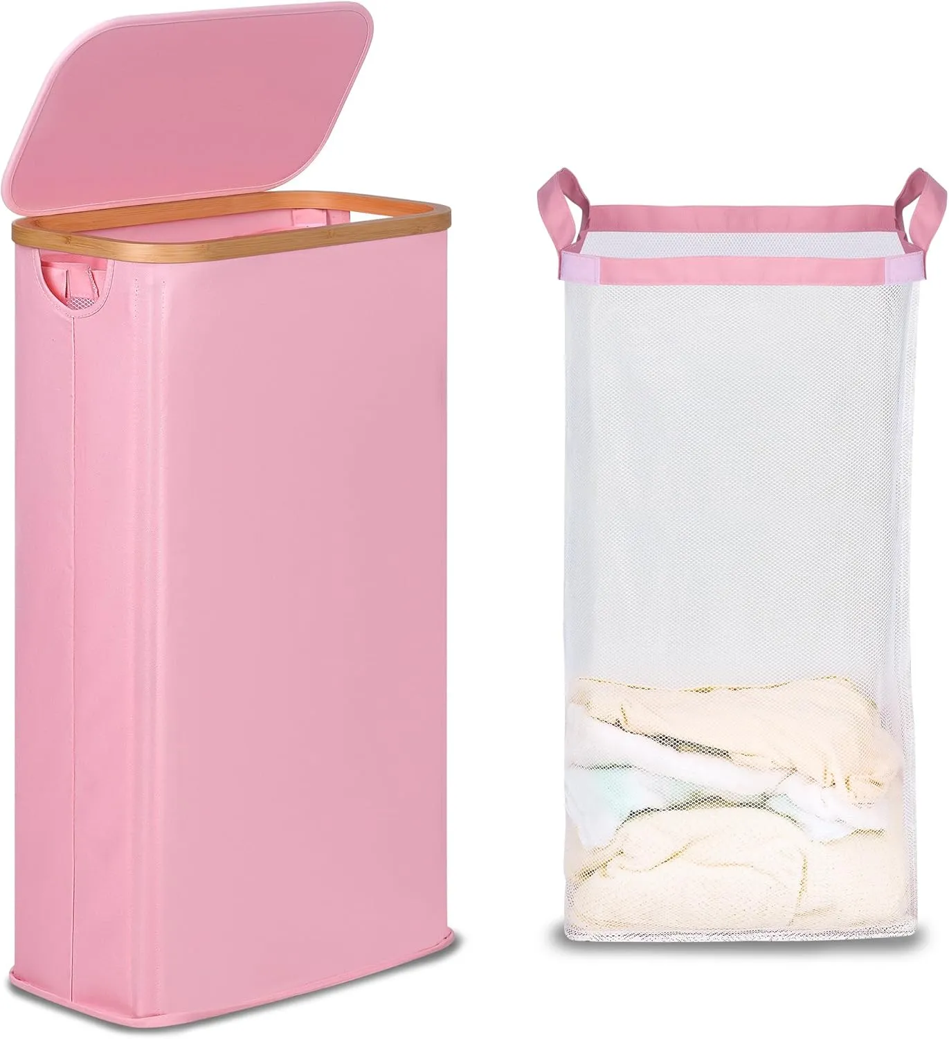 Slim Laundry Basket with Lid, Narrow Laundry Hamper with Removable Bag, Skinny Dirty Clothes Basket with Bamboo Handles for Bathroom, Bedroom & Laundry Room, 63L Pink