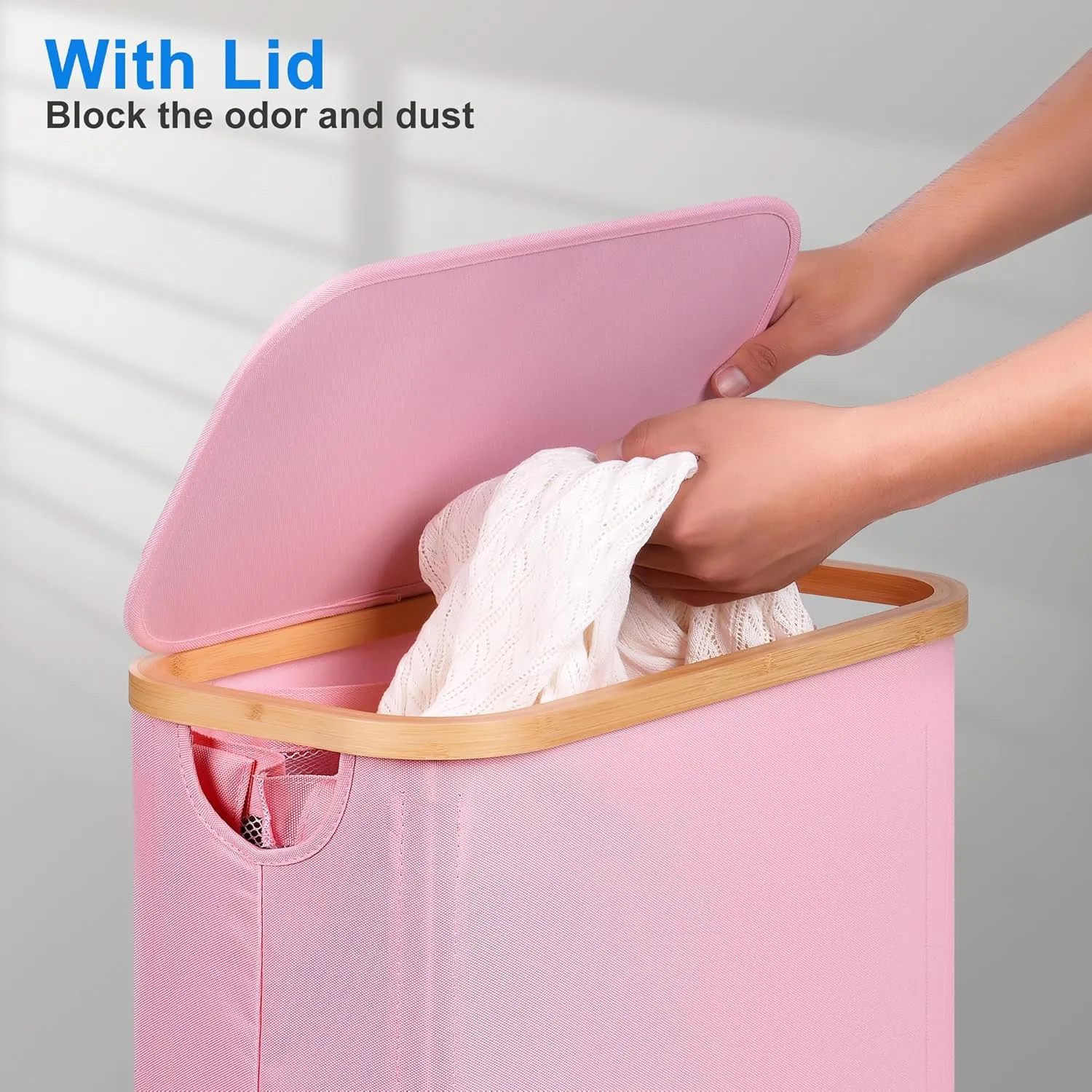 Slim Laundry Basket with Lid, Narrow Laundry Hamper with Removable Bag, Skinny Dirty Clothes Basket with Bamboo Handles for Bathroom, Bedroom & Laundry Room, 63L Pink