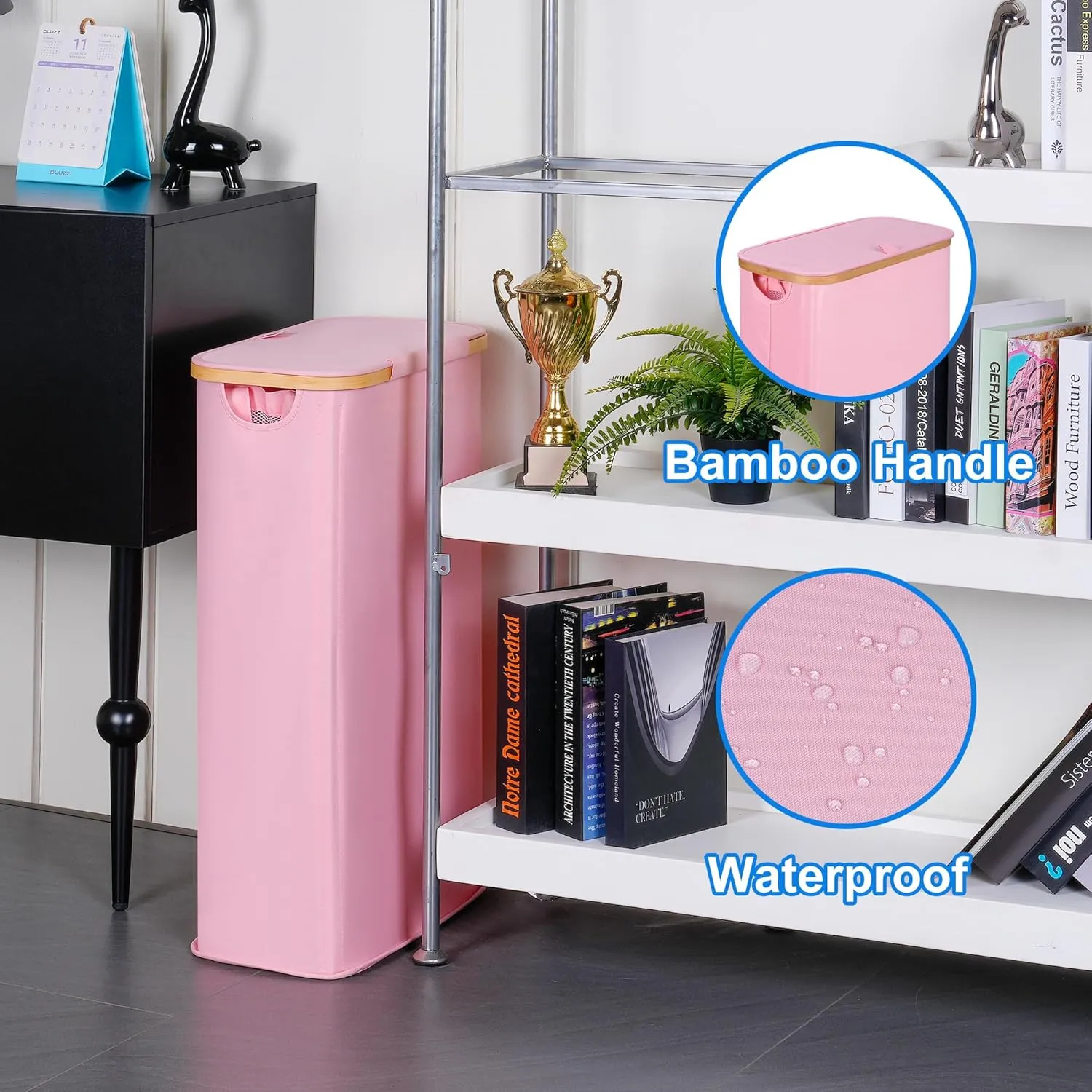 Slim Laundry Basket with Lid, Narrow Laundry Hamper with Removable Bag, Skinny Dirty Clothes Basket with Bamboo Handles for Bathroom, Bedroom & Laundry Room, 63L Pink