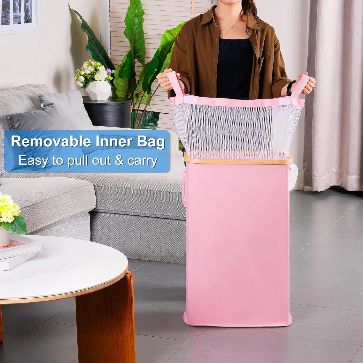Slim Laundry Basket with Lid, Narrow Laundry Hamper with Removable Bag, Skinny Dirty Clothes Basket with Bamboo Handles for Bathroom, Bedroom & Laundry Room, 63L Pink
